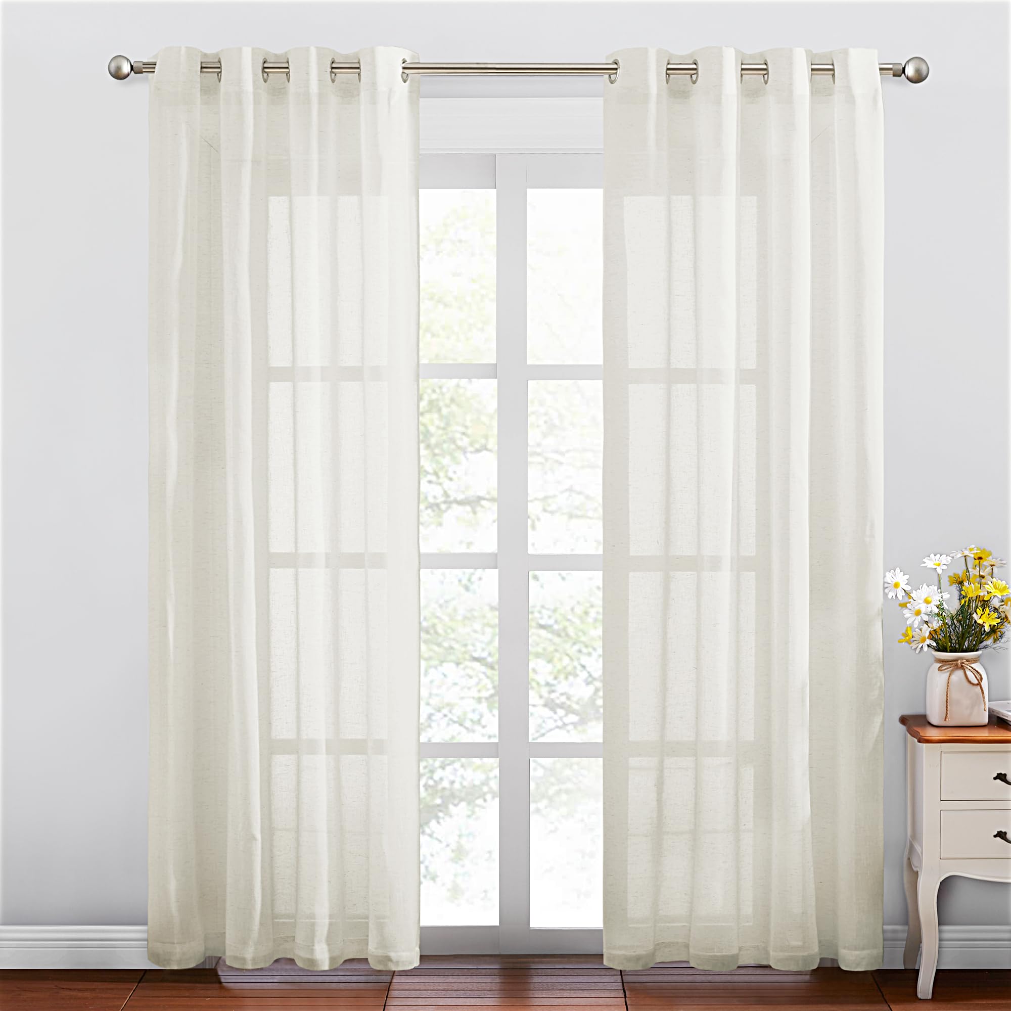 NICETOWN Semi Sheer Beige Curtains 84 inches Long, Grommet Retro Linen Curtains Window Treatments Vertical Drapes Privacy with Light Filter for Living Room, W52 x L84, 2 Panels