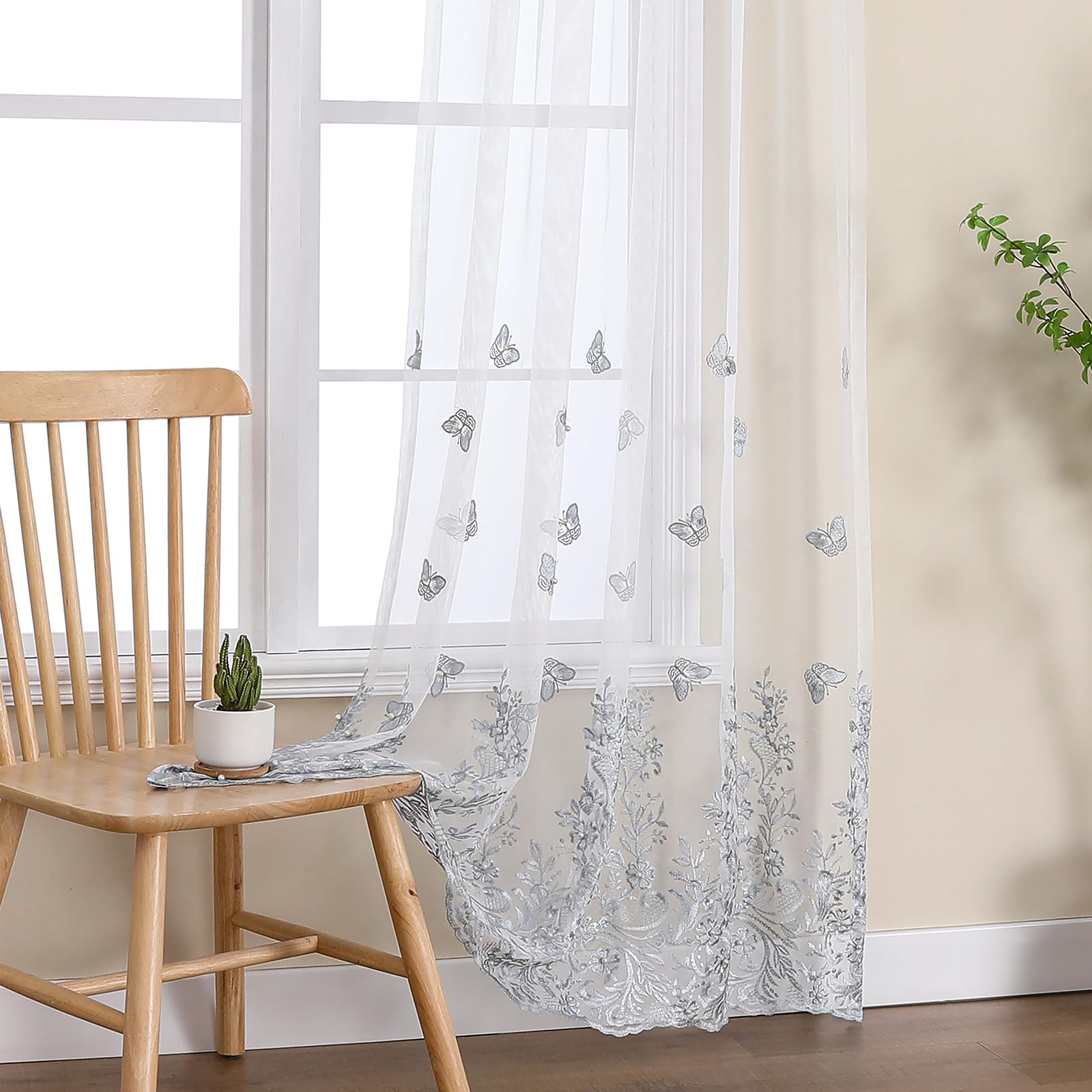 VISIONTEX Sheer Curtains 84 Inches Long 2 Panels Set Cream Beige Embroidered Floral Leaf Pattern Rod Pocket Semi Sheer Voile Window Curtains/Drapes for Bedroom Living Room 54 x 84 Inches