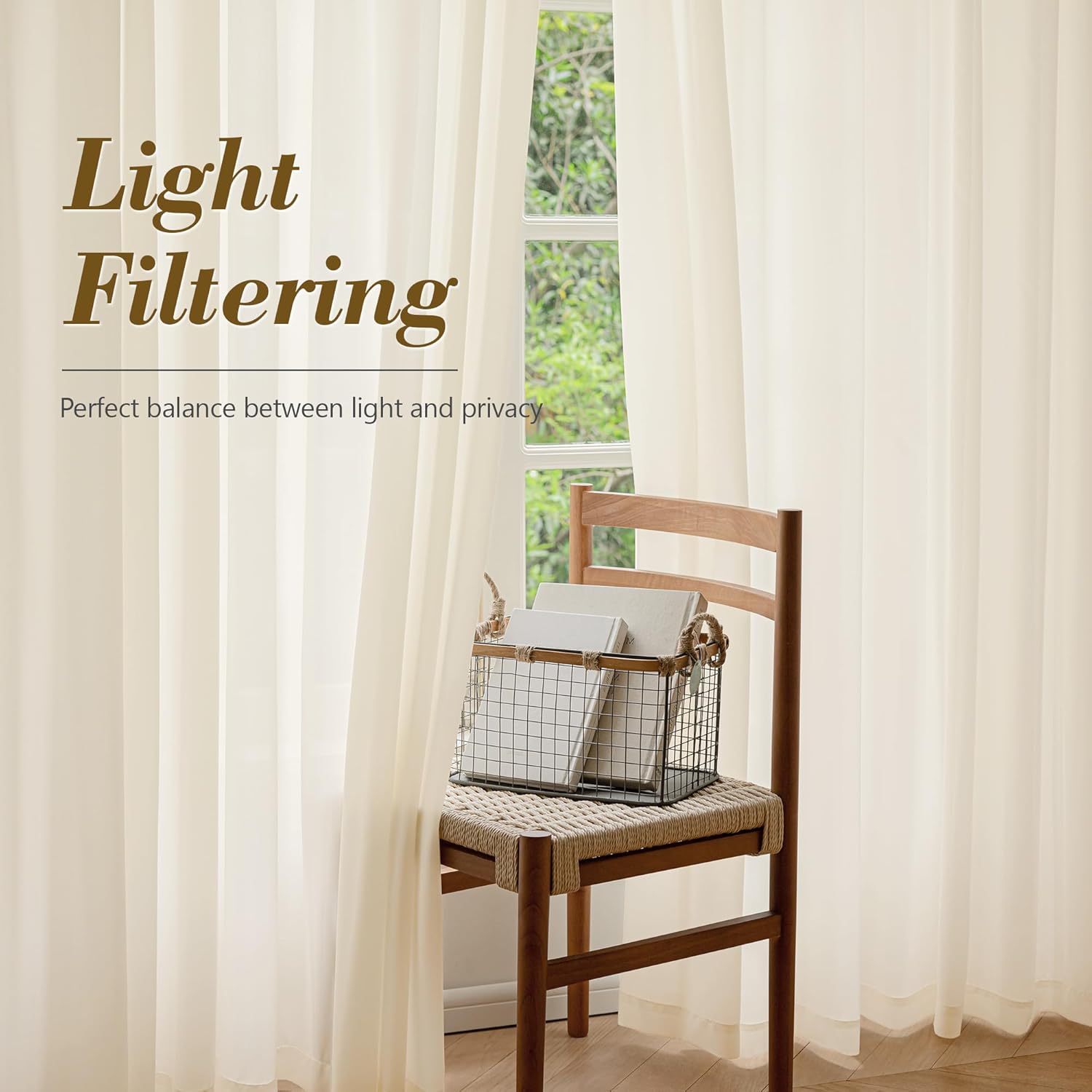 FMFUNCTEX Sheer Non-See-Through Butter Cream Curtains 108 inches Long for Living Room, Faux Silk That Let Light Curtains Light Filtering Privacy Sheer Window Drapes for Living Room, Rod Pocket 2Panels