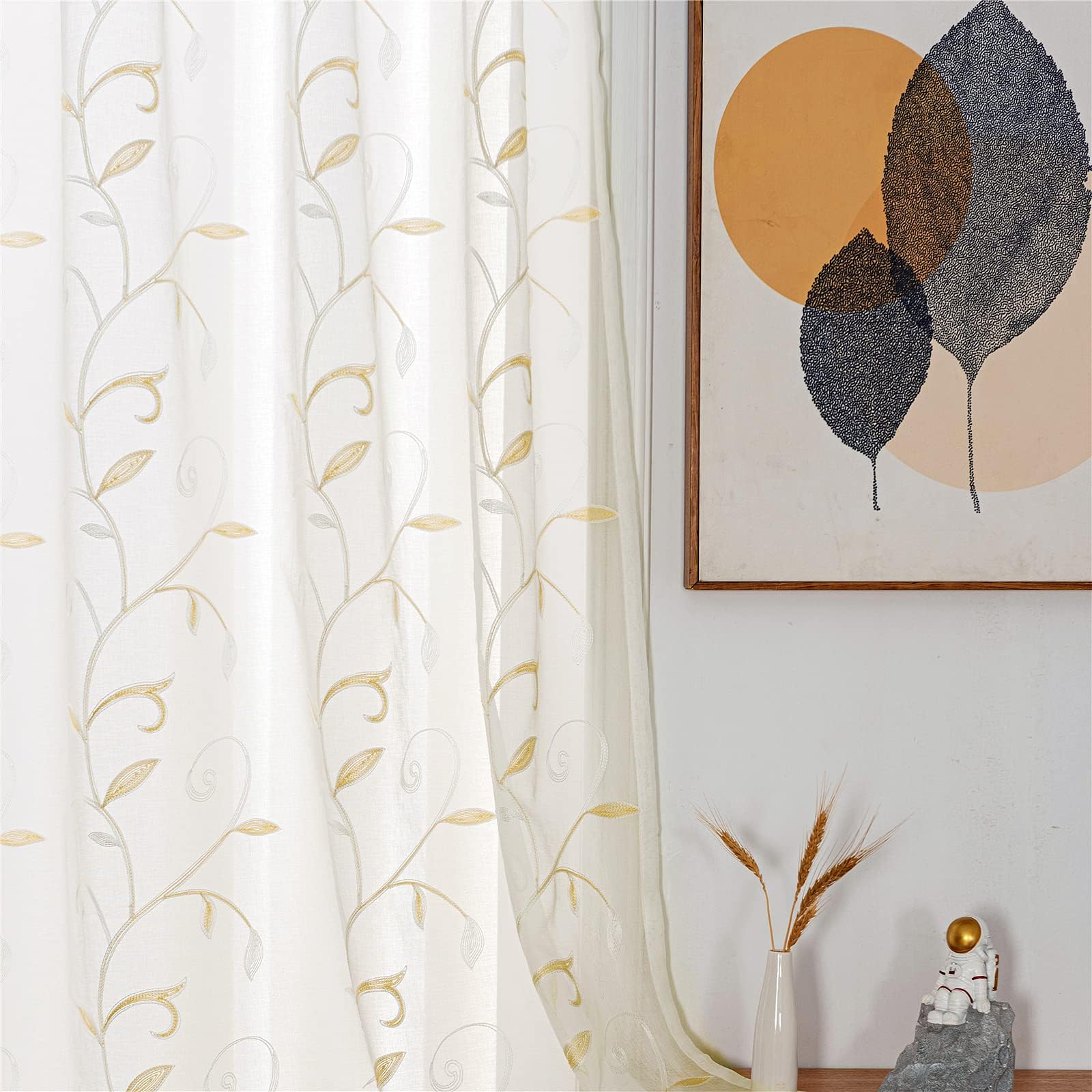 VISIONTEX Sheer Curtains 84 Inches Long 2 Panels Set Cream Beige Embroidered Floral Leaf Pattern Rod Pocket Semi Sheer Voile Window Curtains/Drapes for Bedroom Living Room 54 x 84 Inches