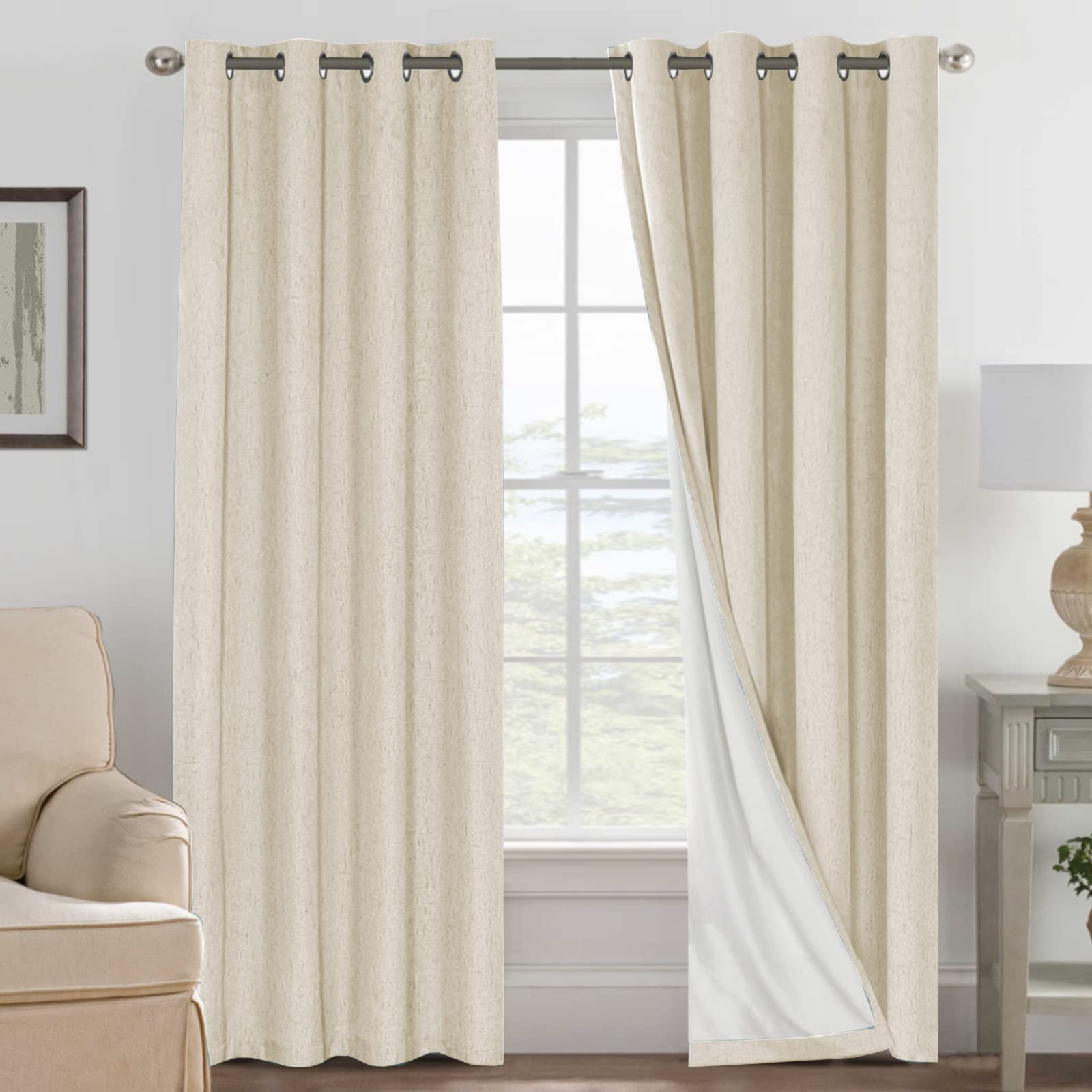 H.VERSAILTEX Linen 100% Blackout Curtains for Bedroom Full Light Blocking Curtains, Textured Window Curtain for Living Room 84 inch Grommet, Energy Efficient Curtains White Liner(2 Panels, Natural)