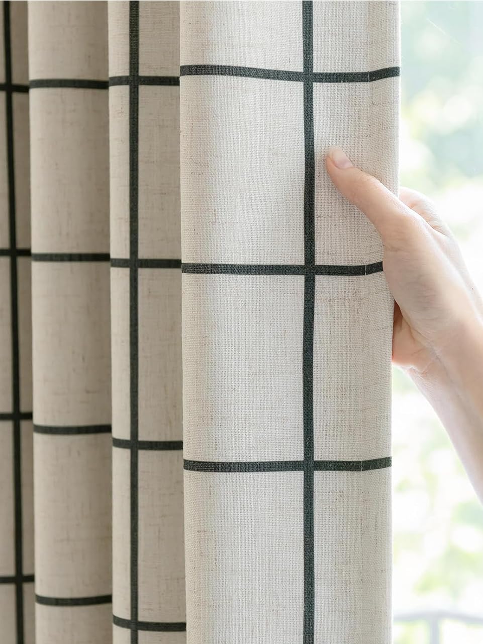 THREE GIRLS Pinch Pleated Plaid Curtains Blackout Linen Gingham Curtains for Living Room,Bedroom Checkered Patterned Insulated 84 Inches Long Double Layer 2 Panels Set Printed Design Darkening