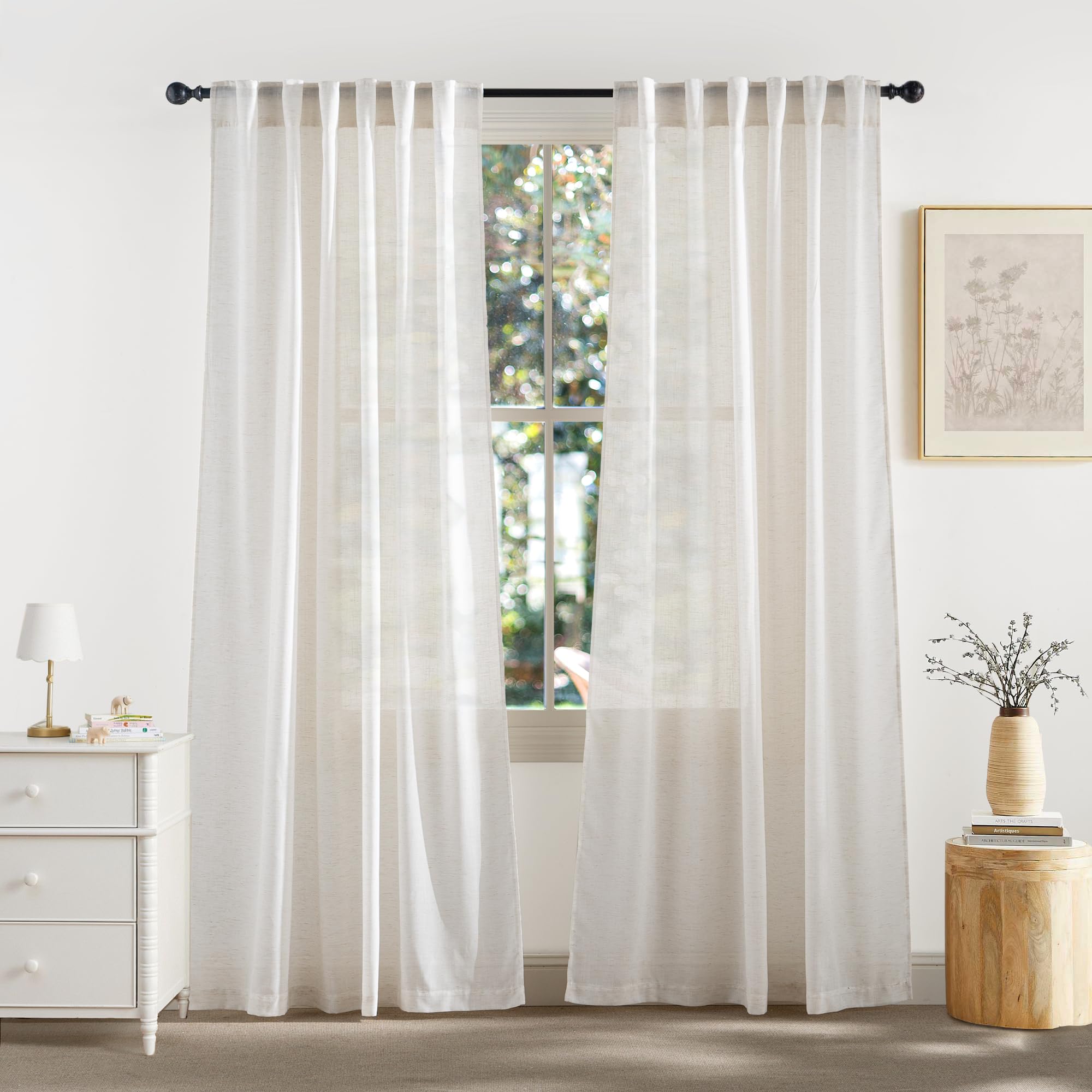 RYB HOME White Sheer Curtains Linen Texture Window Panels, Semi Sheer Light Filetring Rod Pocket & Back Tab Drapes for Bedroom, 52 x 84 inches, Pack of 2
