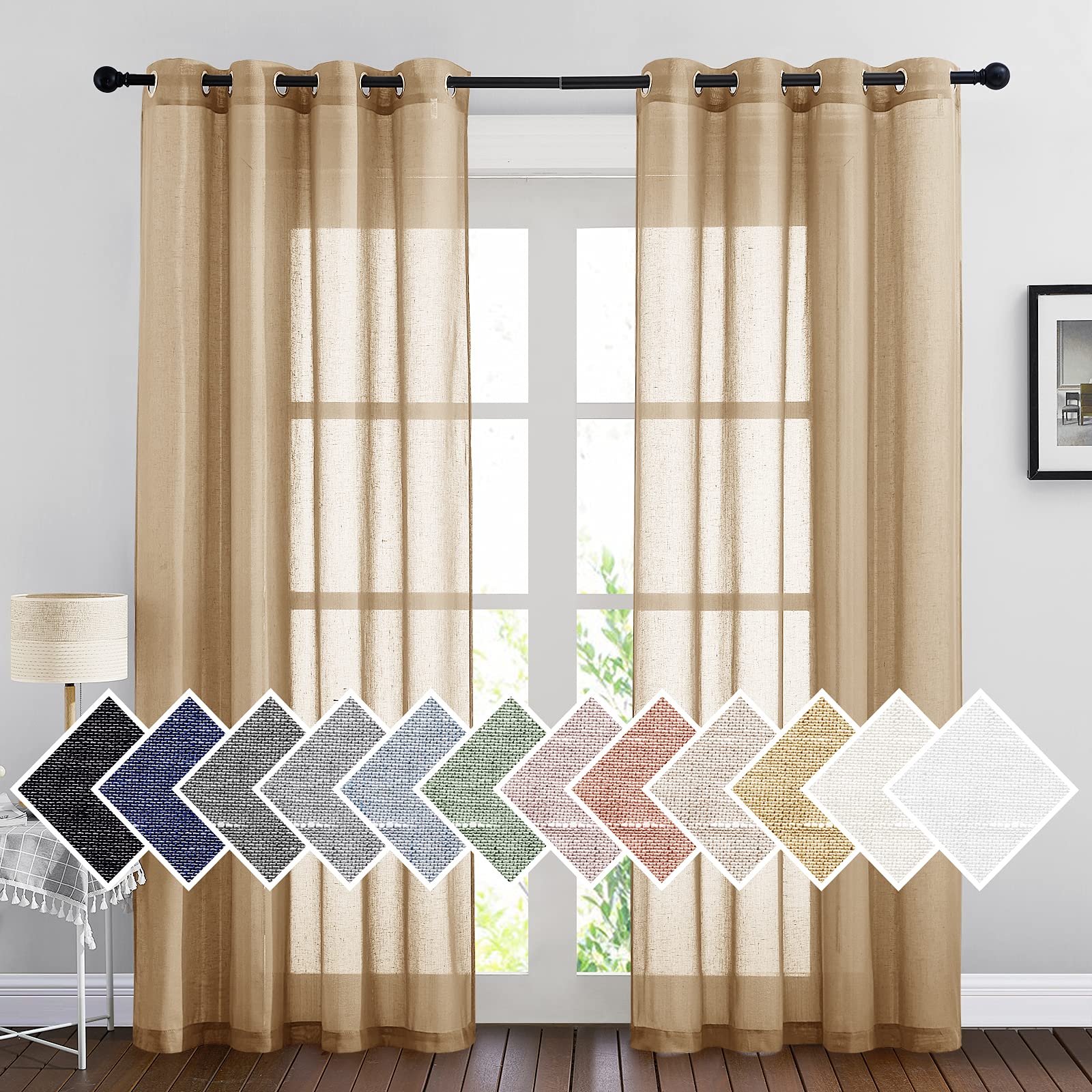 NICETOWN Semi Sheer Beige Curtains 84 inches Long, Grommet Retro Linen Curtains Window Treatments Vertical Drapes Privacy with Light Filter for Living Room, W52 x L84, 2 Panels