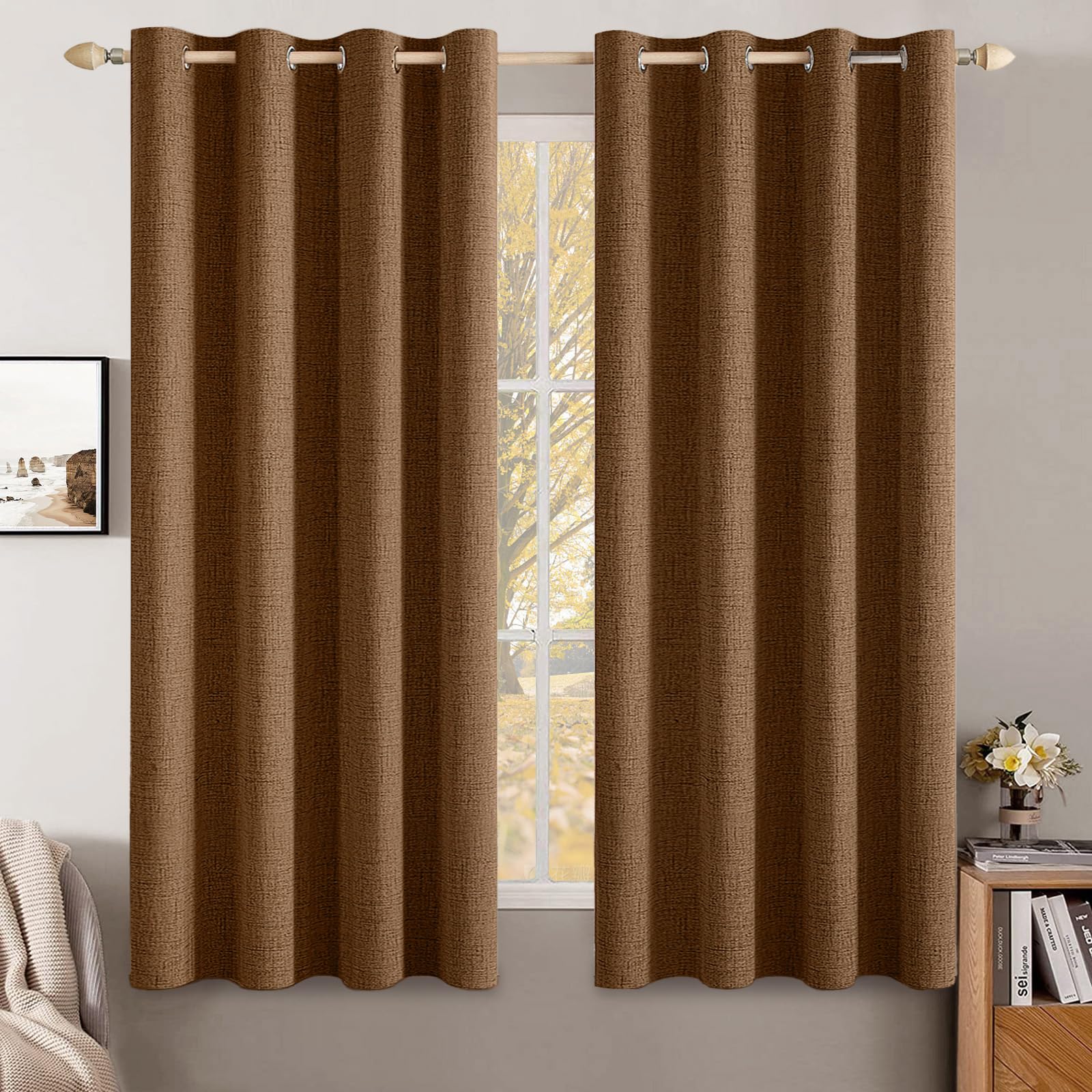 MIULEE 90 Inches Linen Textured Curtains for Bedroom 100% Blackout Thermal Insulated Natural Beige Grommet Room Darkening Curtains & Drapes Luxury Decor for Living Room Nursery 52 x 90 Inch (2 Panels)