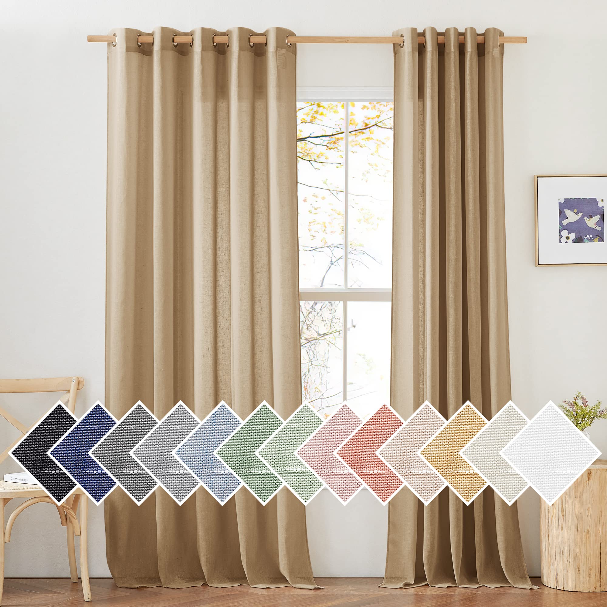 NICETOWN Semi Sheer Beige Curtains 84 inches Long, Grommet Retro Linen Curtains Window Treatments Vertical Drapes Privacy with Light Filter for Living Room, W52 x L84, 2 Panels