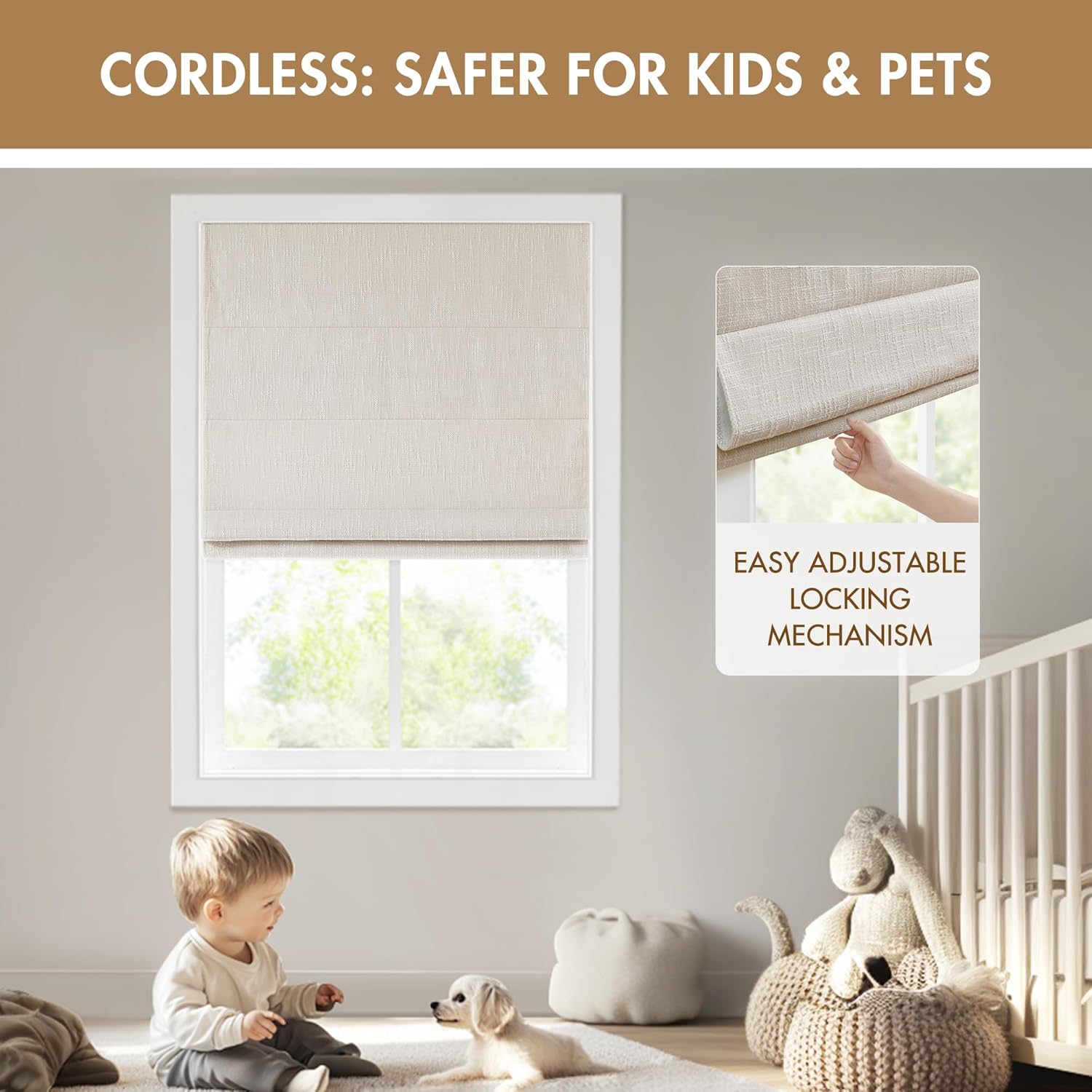 Madison Park Cordless Roman Shades, Blackout Window Blind Privacy Window Shades, Thermal Insulated Cordless Window Treatment for Bedroom, Living Room, Quincy, Single Panel 31" W X 64" H Linen