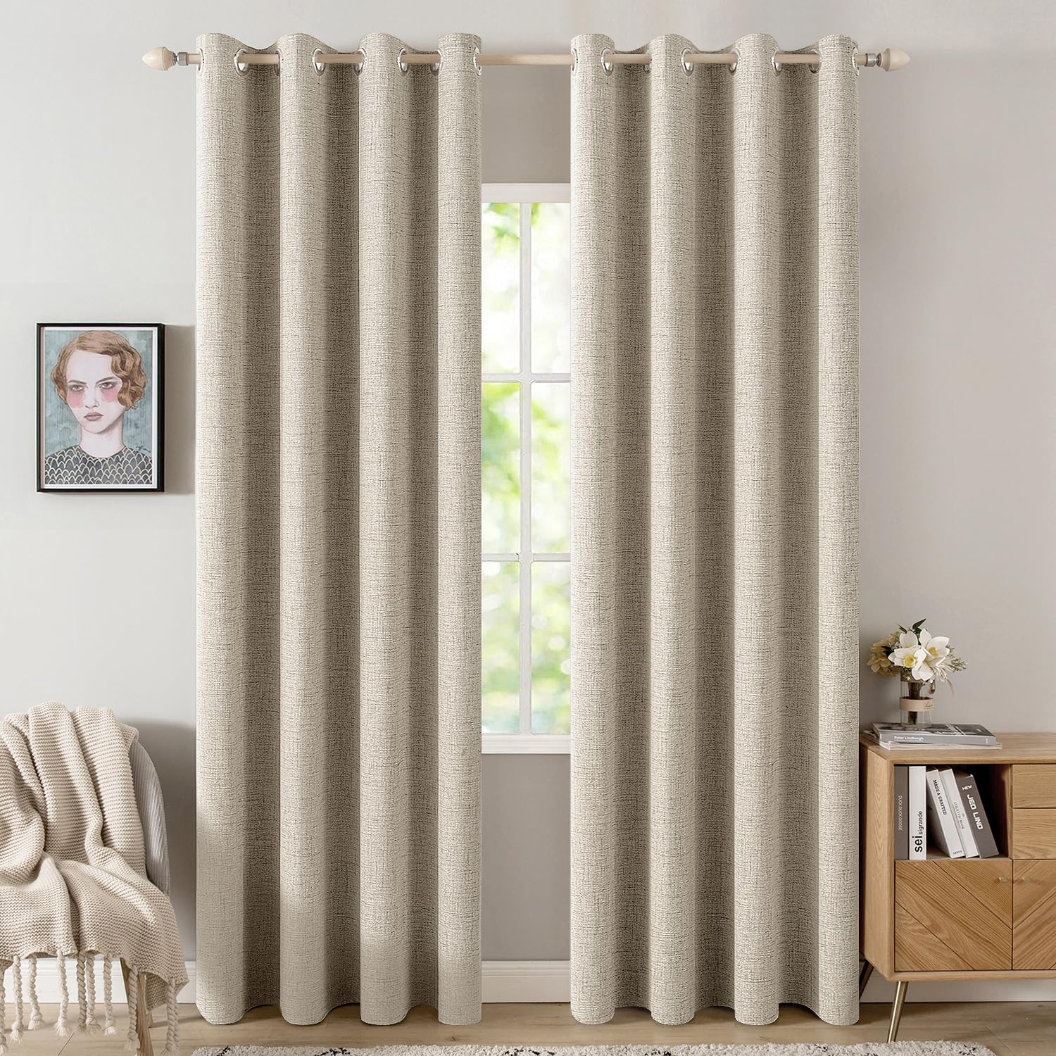 MIULEE 90 Inches Linen Textured Curtains for Bedroom 100% Blackout Thermal Insulated Natural Beige Grommet Room Darkening Curtains & Drapes Luxury Decor for Living Room Nursery 52 x 90 Inch (2 Panels)