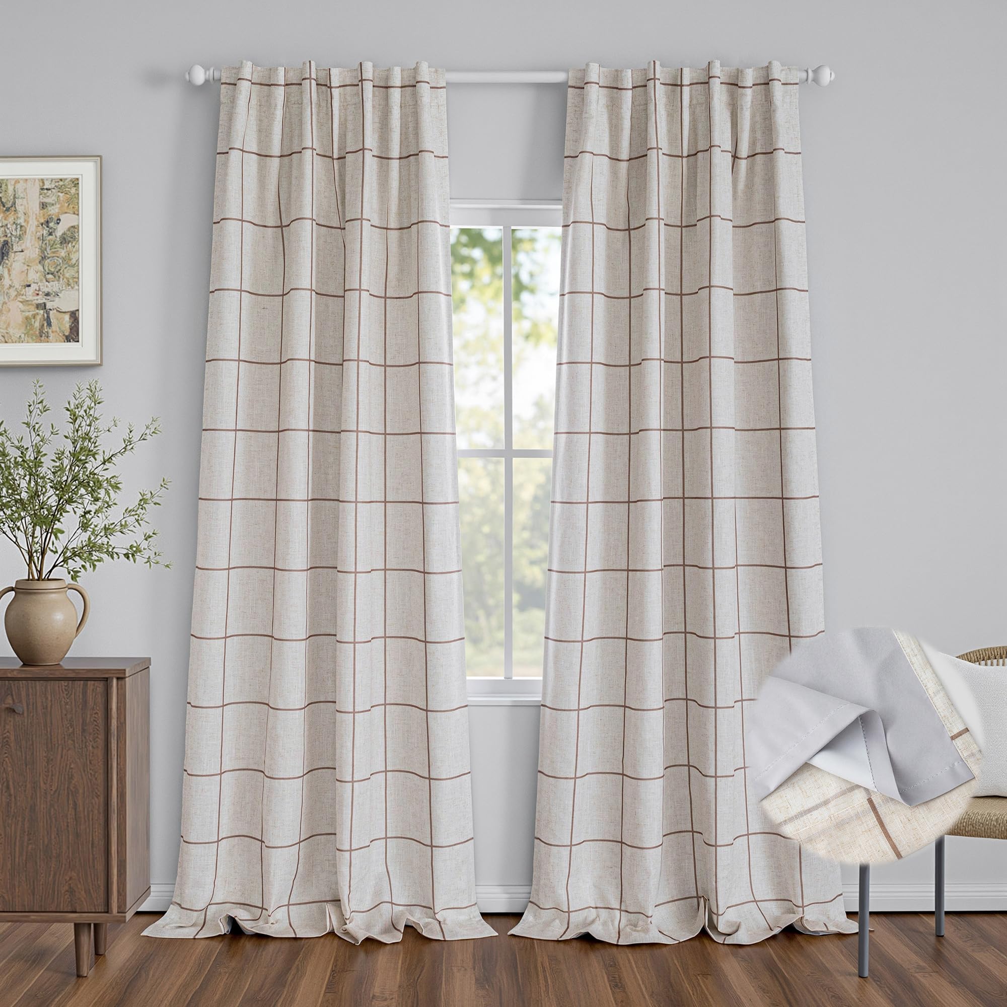 MYSKY HOME 100% Blackout Plaid Farmhouse Linen Curtains 84 Inch Long for Living Room Double Layer Windowpane Drapes Thermal Insulated Privacy Protection Rod Pocket Back Tab, 52" W, Black, 1 Panel