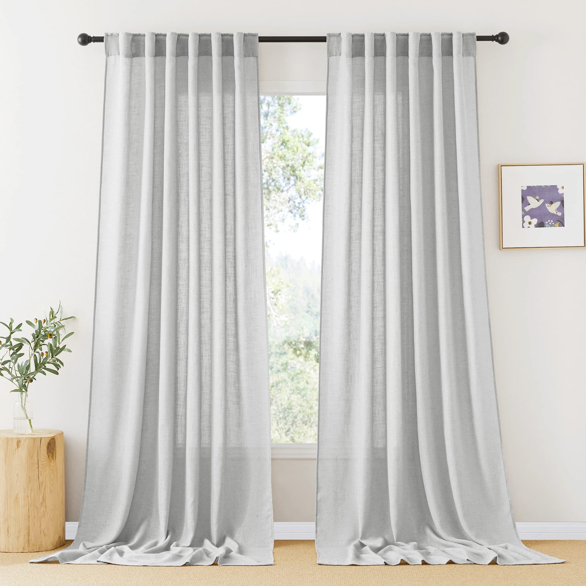 RYB HOME White Sheer Curtains Linen Texture Window Panels, Semi Sheer Light Filetring Rod Pocket & Back Tab Drapes for Bedroom, 52 x 84 inches, Pack of 2