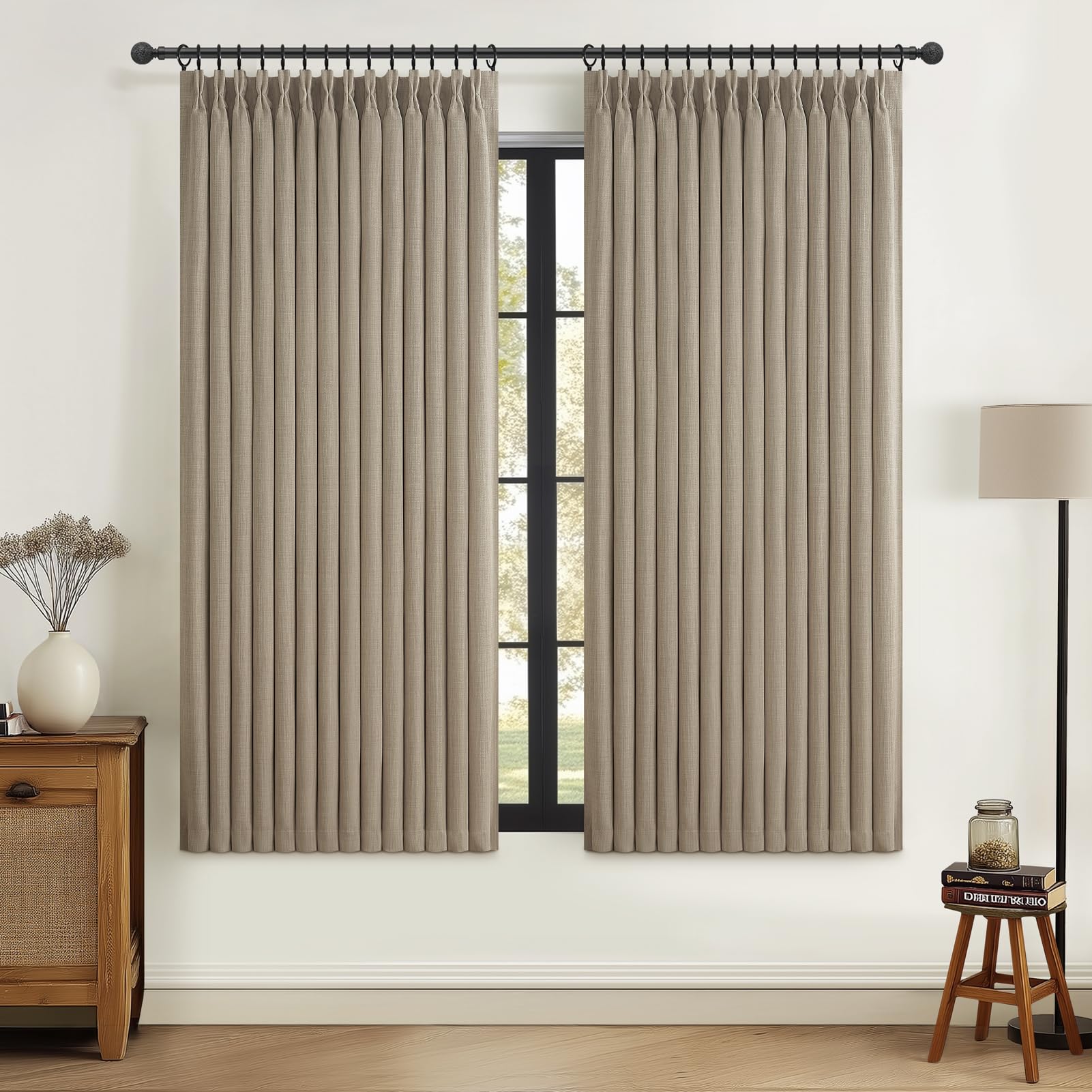 100% Blackout Linen 96 Inch Curtains 2 Panel Set for Bedroom, Modern Pinch Pleated Natural Linen Off Beige White Insulated Heavy Curtain 40 x 96 Inches Length Sliding Glass Door Room Darkening Drapes