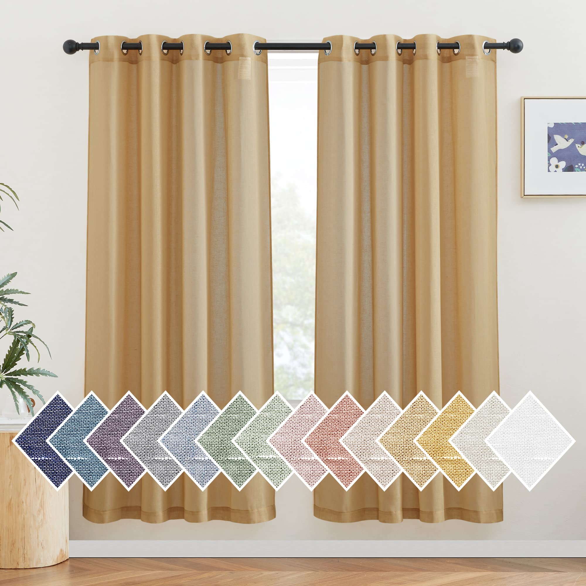 NICETOWN Semi Sheer Beige Curtains 84 inches Long, Grommet Retro Linen Curtains Window Treatments Vertical Drapes Privacy with Light Filter for Living Room, W52 x L84, 2 Panels