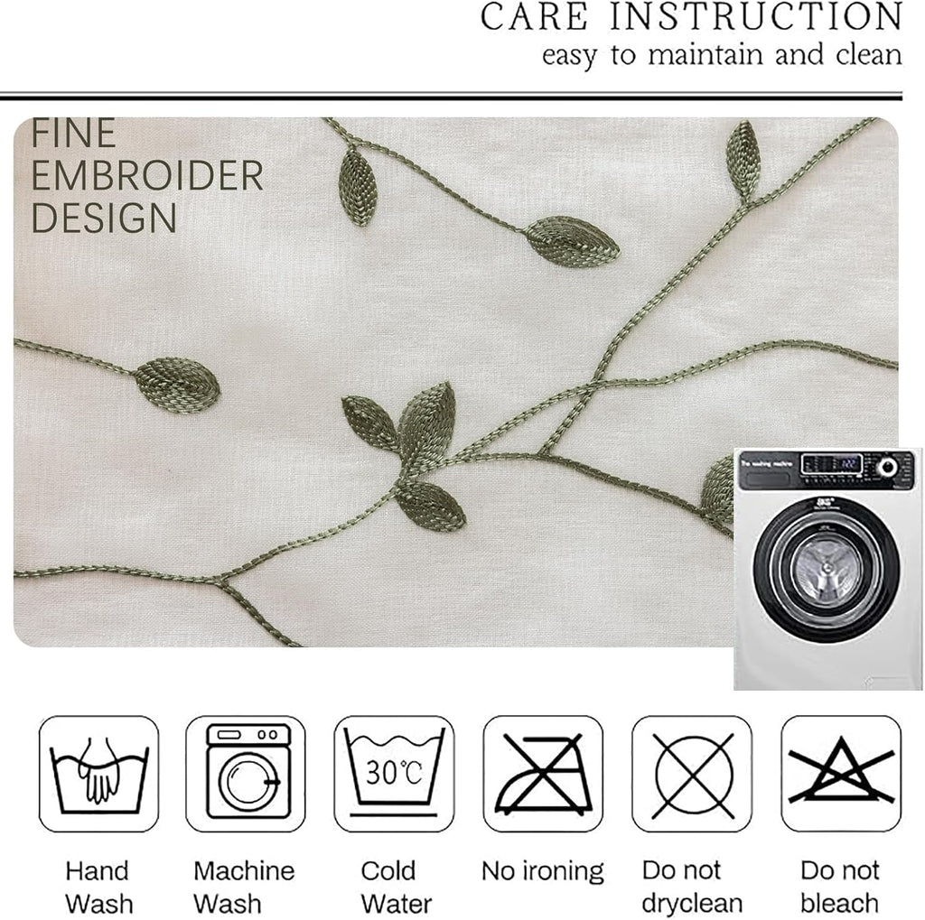 AmHoo 2 Panels Embroidered Leaf Pattern Semi Sheer Curtains Foliage Floral Voile Window Draperies Treatment for Bedroom Living Room Rod Pocket White Sage Green 53 x 84 Inch