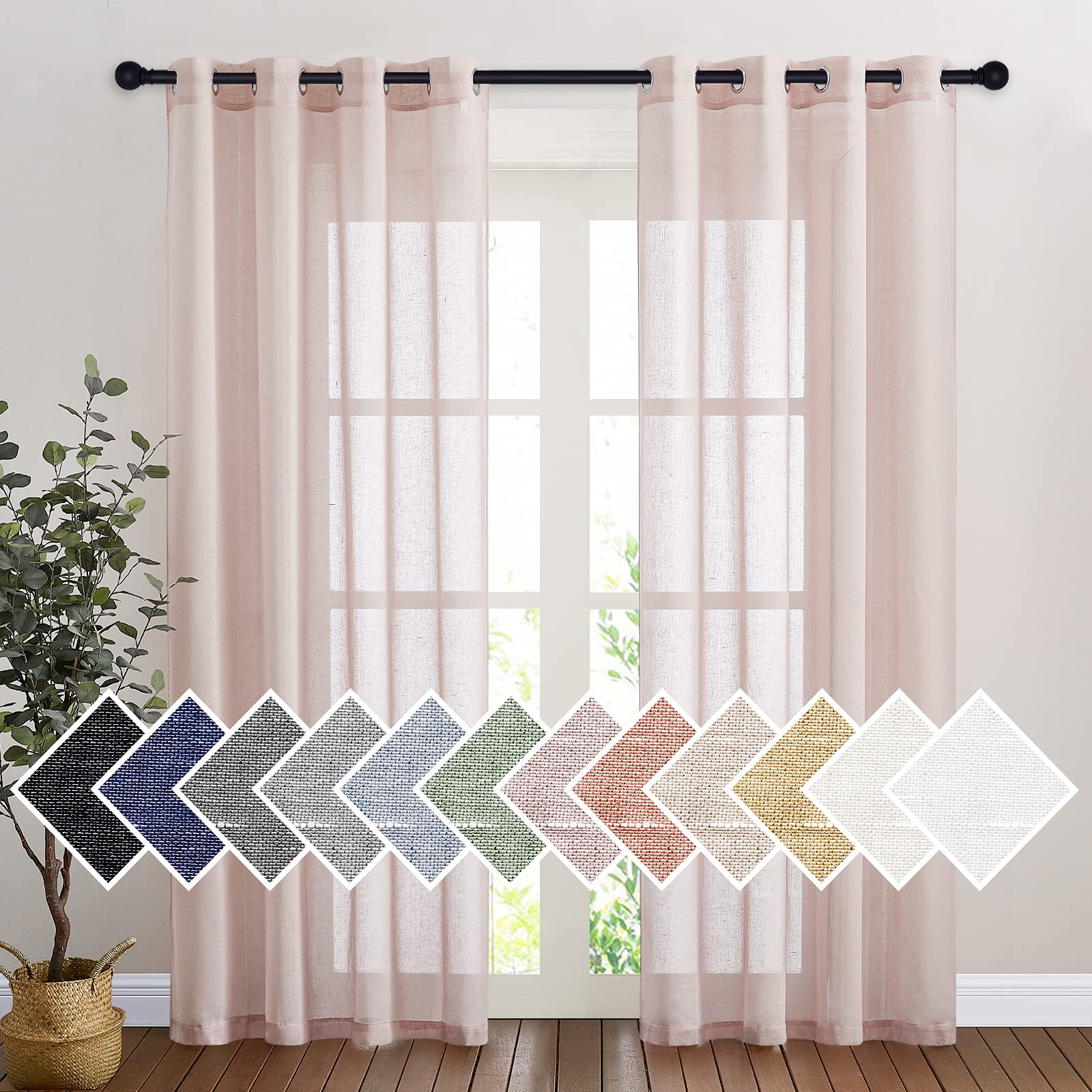 NICETOWN Semi Sheer Beige Curtains 84 inches Long, Grommet Retro Linen Curtains Window Treatments Vertical Drapes Privacy with Light Filter for Living Room, W52 x L84, 2 Panels