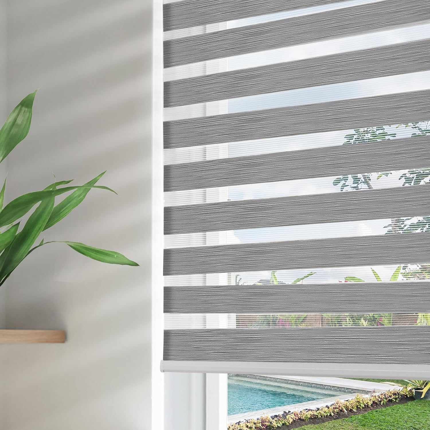 Joydeco Cordless Zebra Blinds for Windows, Dual Layer Free-Stop Zebra Shades Privacy Light Control for Day and Night, Light Filtering Sheer Blinds for Indoor Windows (Grey, 34" W x 75" H)