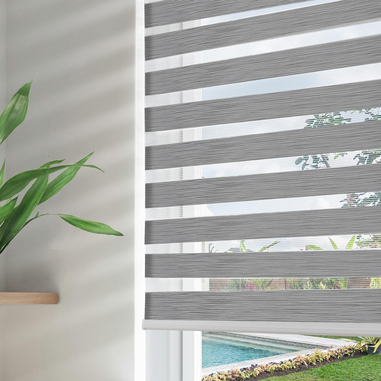 Joydeco Cordless Zebra Blinds for Windows, Dual Layer Free-Stop Zebra Shades Privacy Light Control for Day and Night, Light Filtering Sheer Blinds for Indoor Windows (Grey, 34" W x 75" H)
