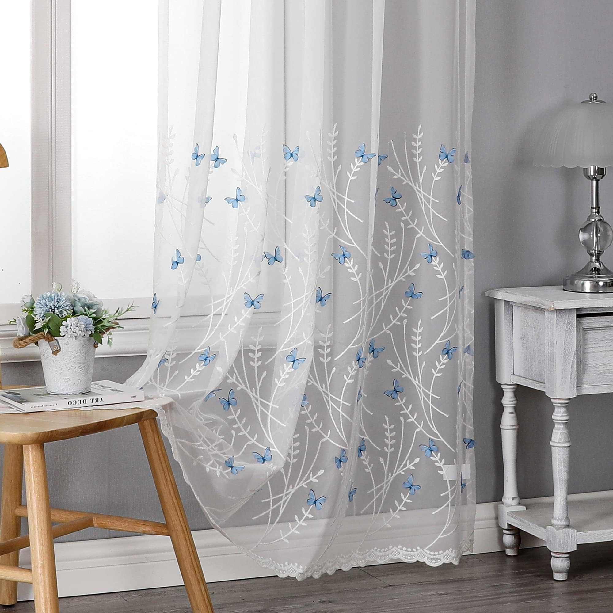 VISIONTEX Sheer Curtains 84 Inches Long 2 Panels Set Cream Beige Embroidered Floral Leaf Pattern Rod Pocket Semi Sheer Voile Window Curtains/Drapes for Bedroom Living Room 54 x 84 Inches
