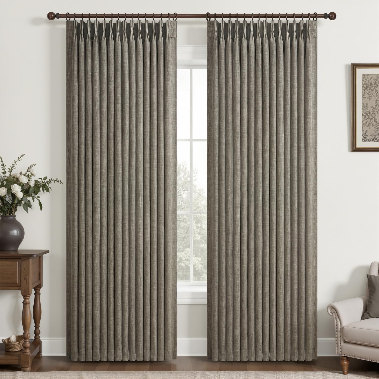 100% Blackout Linen 96 Inch Curtains 2 Panel Set for Bedroom, Modern Pinch Pleated Natural Linen Off Beige White Insulated Heavy Curtain 40 x 96 Inches Length Sliding Glass Door Room Darkening Drapes