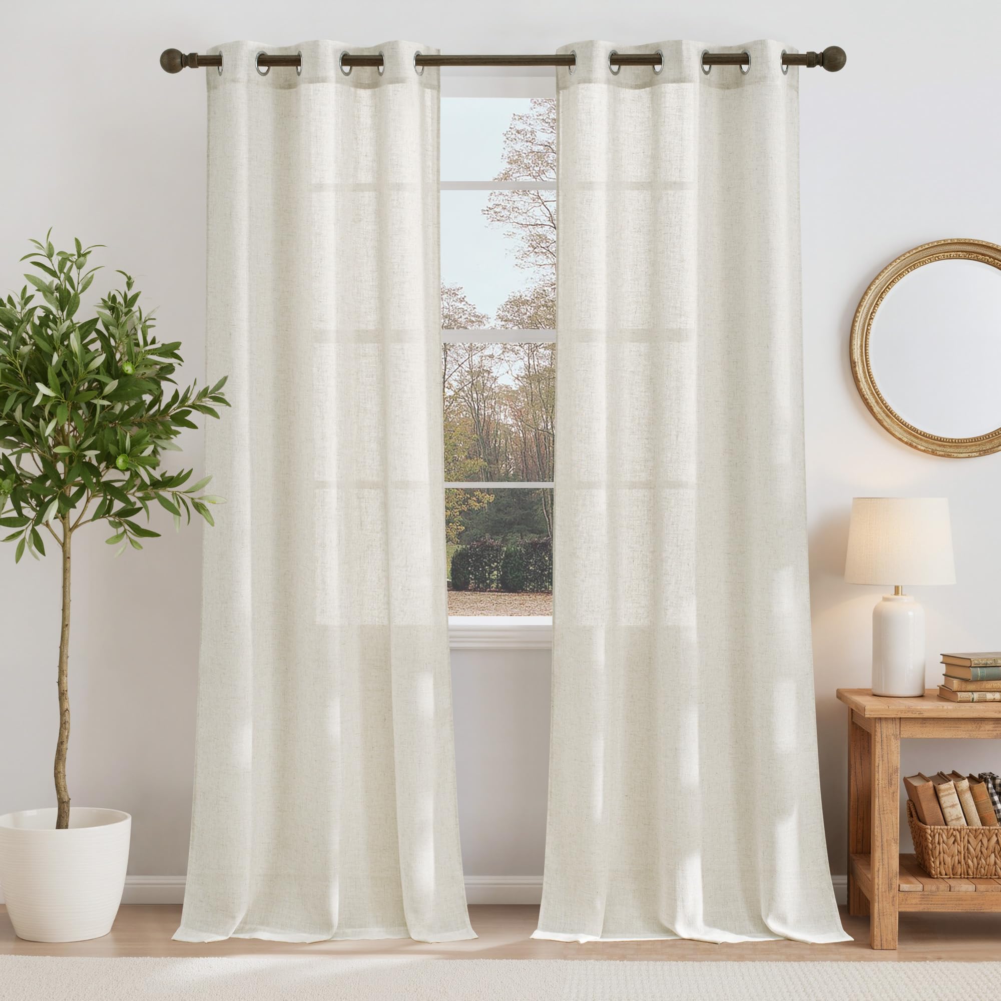 NICETOWN Semi Sheer Beige Curtains 84 inches Long, Grommet Retro Linen Curtains Window Treatments Vertical Drapes Privacy with Light Filter for Living Room, W52 x L84, 2 Panels