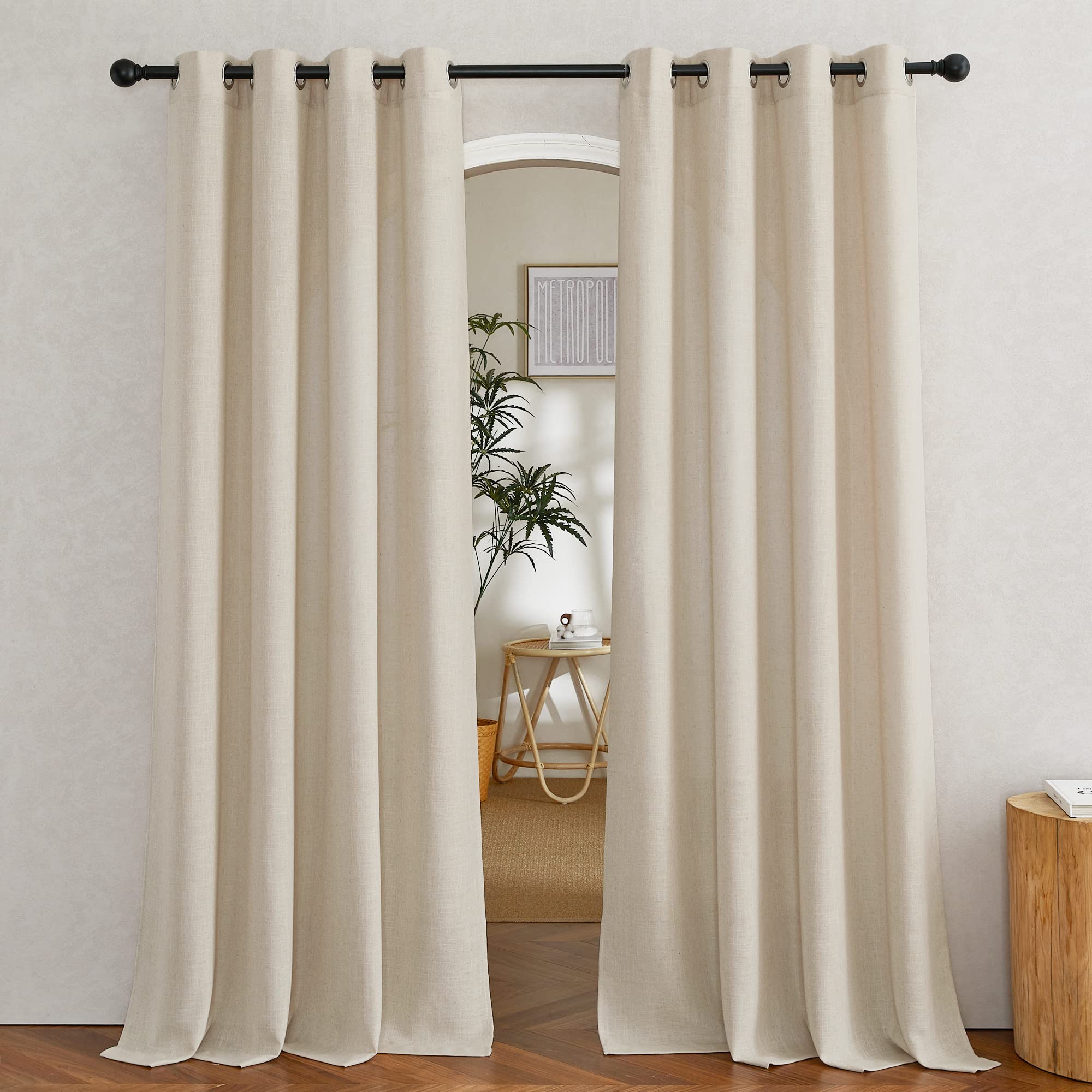NICETOWN Semi Sheer Beige Curtains 84 inches Long, Grommet Retro Linen Curtains Window Treatments Vertical Drapes Privacy with Light Filter for Living Room, W52 x L84, 2 Panels