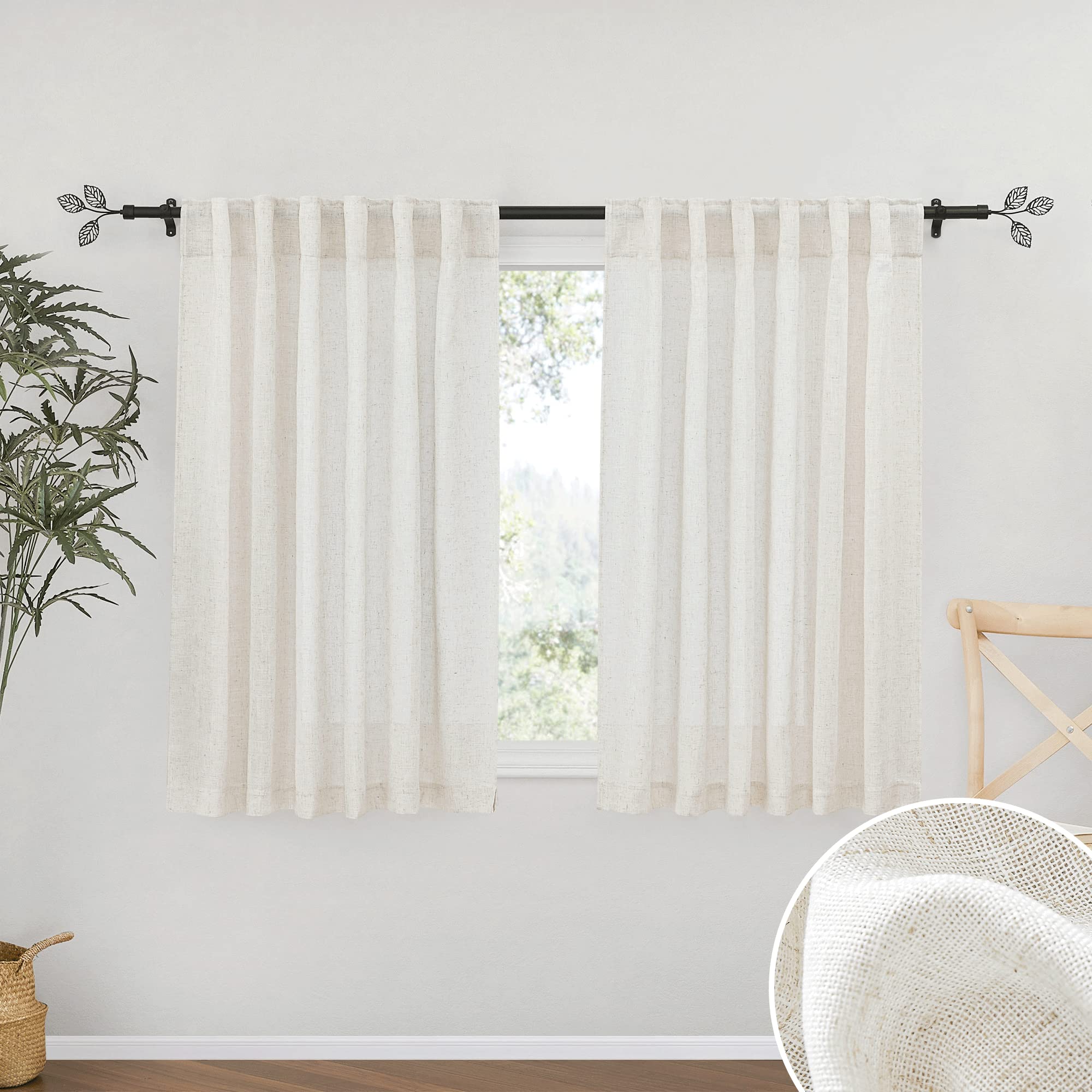 RYB HOME White Sheer Curtains Linen Texture Window Panels, Semi Sheer Light Filetring Rod Pocket & Back Tab Drapes for Bedroom, 52 x 84 inches, Pack of 2