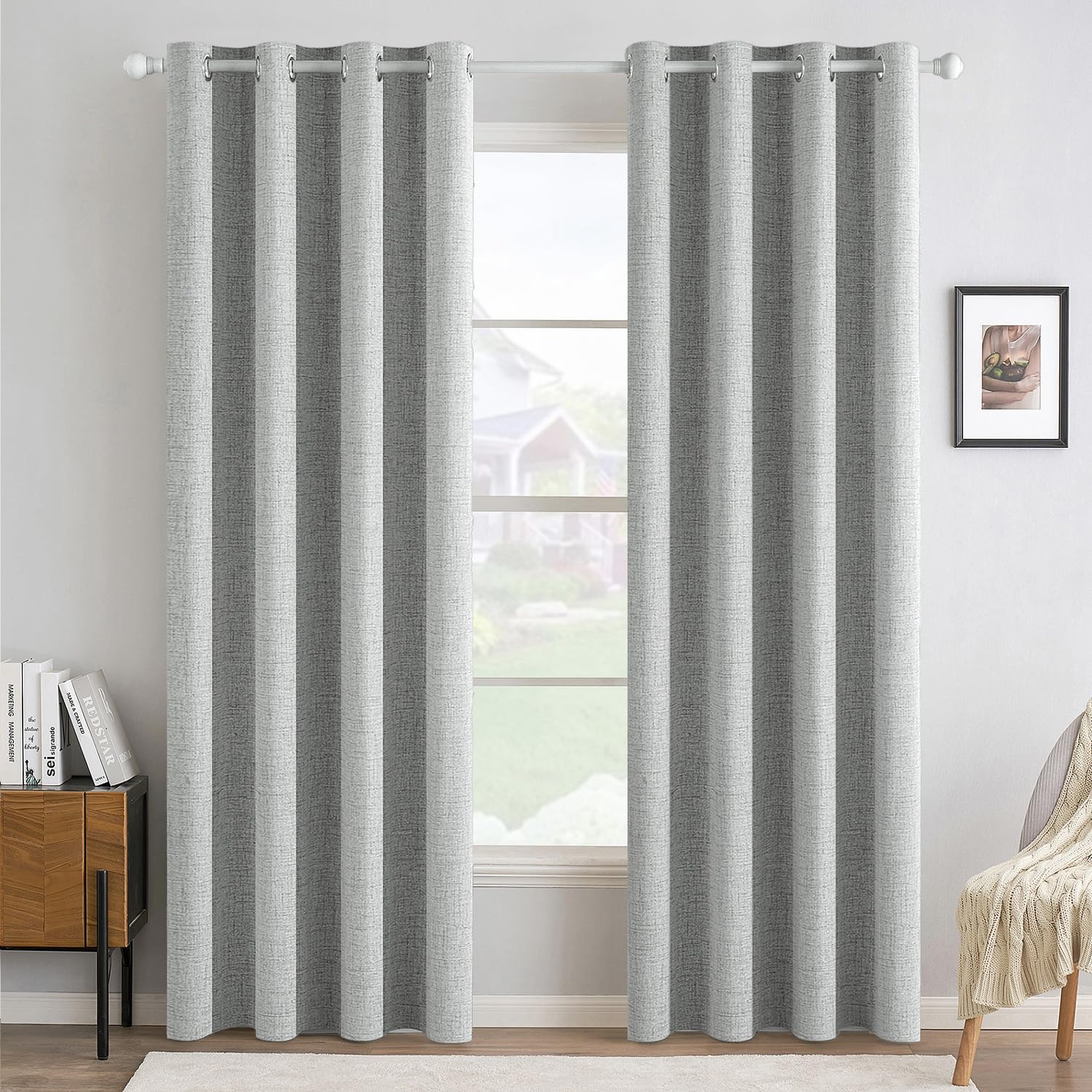 MIULEE 90 Inches Linen Textured Curtains for Bedroom 100% Blackout Thermal Insulated Natural Beige Grommet Room Darkening Curtains & Drapes Luxury Decor for Living Room Nursery 52 x 90 Inch (2 Panels)