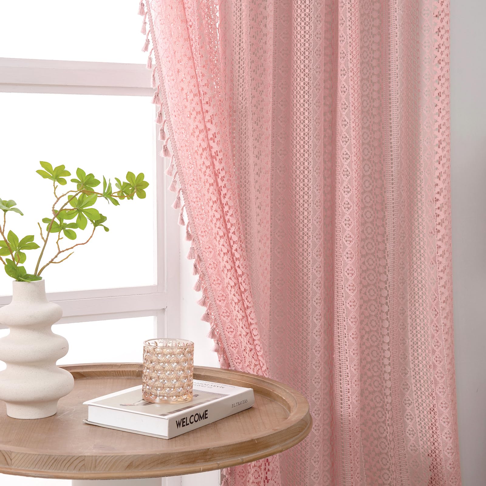 WAZZIO Boho Crochet Curtains for Living Room Lace Curtains 84 Inches Long 2 Panel, Rod Pocket Vintage Tassel Bohemian Decor Geometry Striped Light Filtering Semi Sheer Curtain Drapes for Bedroom,Beige