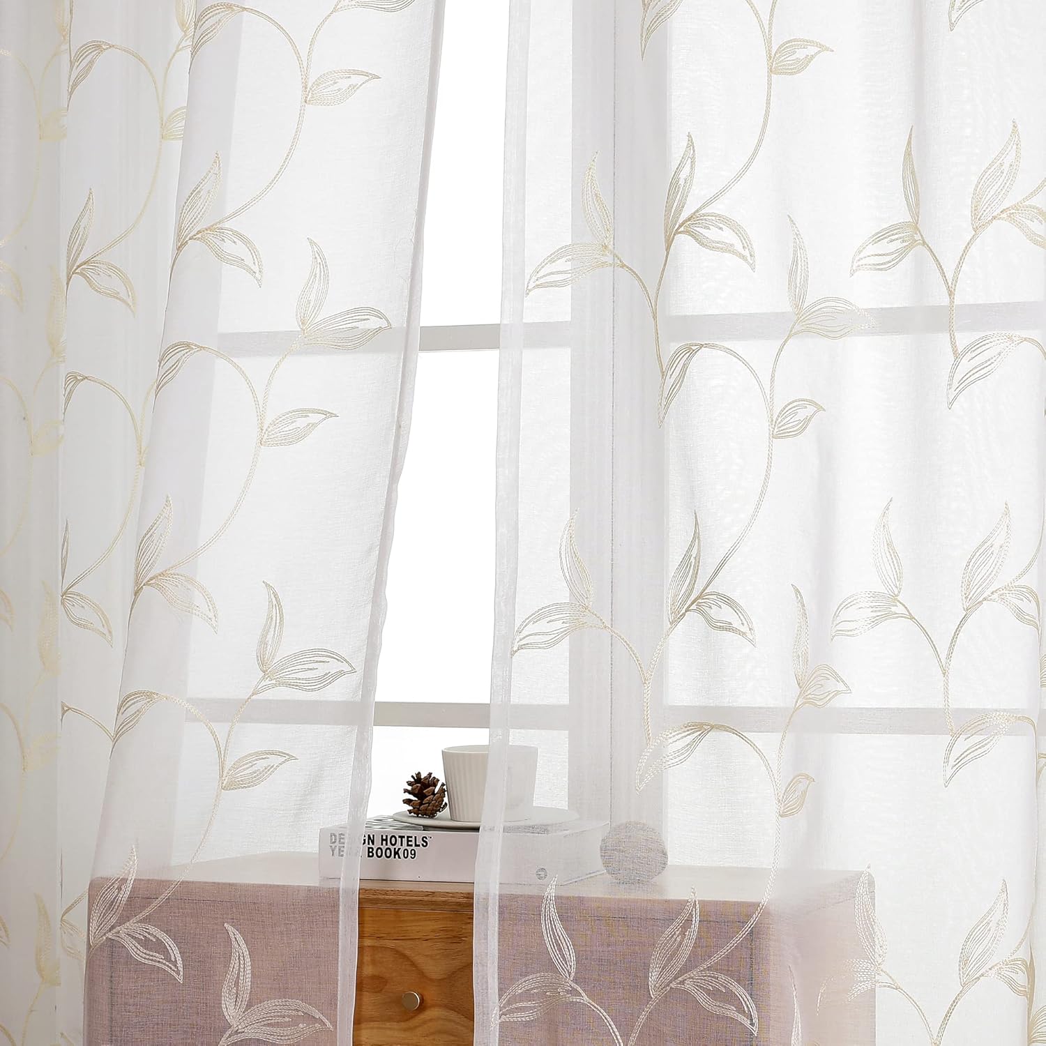 VISIONTEX Sheer Curtains 84 Inches Long 2 Panels Set Cream Beige Embroidered Floral Leaf Pattern Rod Pocket Semi Sheer Voile Window Curtains/Drapes for Bedroom Living Room 54 x 84 Inches
