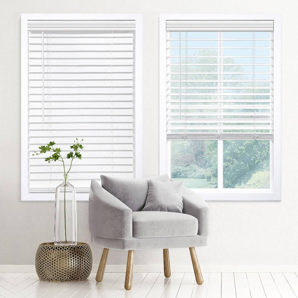 DEZ FURNISHINGS Cordless 2" Signature Faux Wood Blind, 46" W x 48" H, Embossed White