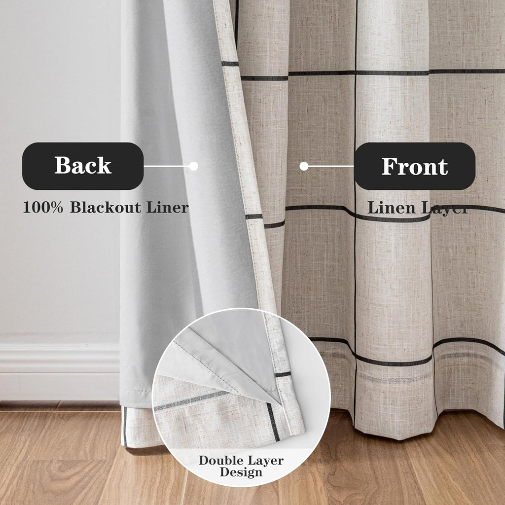 MYSKY HOME 100% Blackout Plaid Farmhouse Linen Curtains 84 Inch Long for Living Room Double Layer Windowpane Drapes Thermal Insulated Privacy Protection Rod Pocket Back Tab, 52" W, Black, 1 Panel