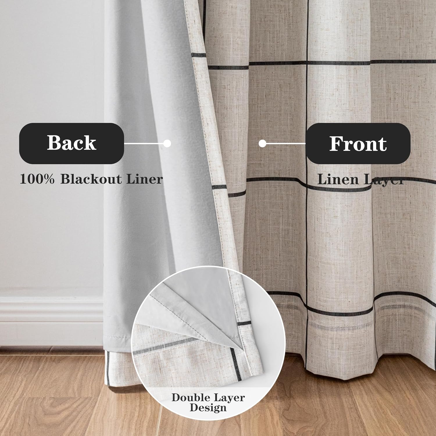 MYSKY HOME 100% Blackout Plaid Farmhouse Linen Curtains 84 Inch Long for Living Room Double Layer Windowpane Drapes Thermal Insulated Privacy Protection Rod Pocket Back Tab, 52" W, Black, 1 Panel