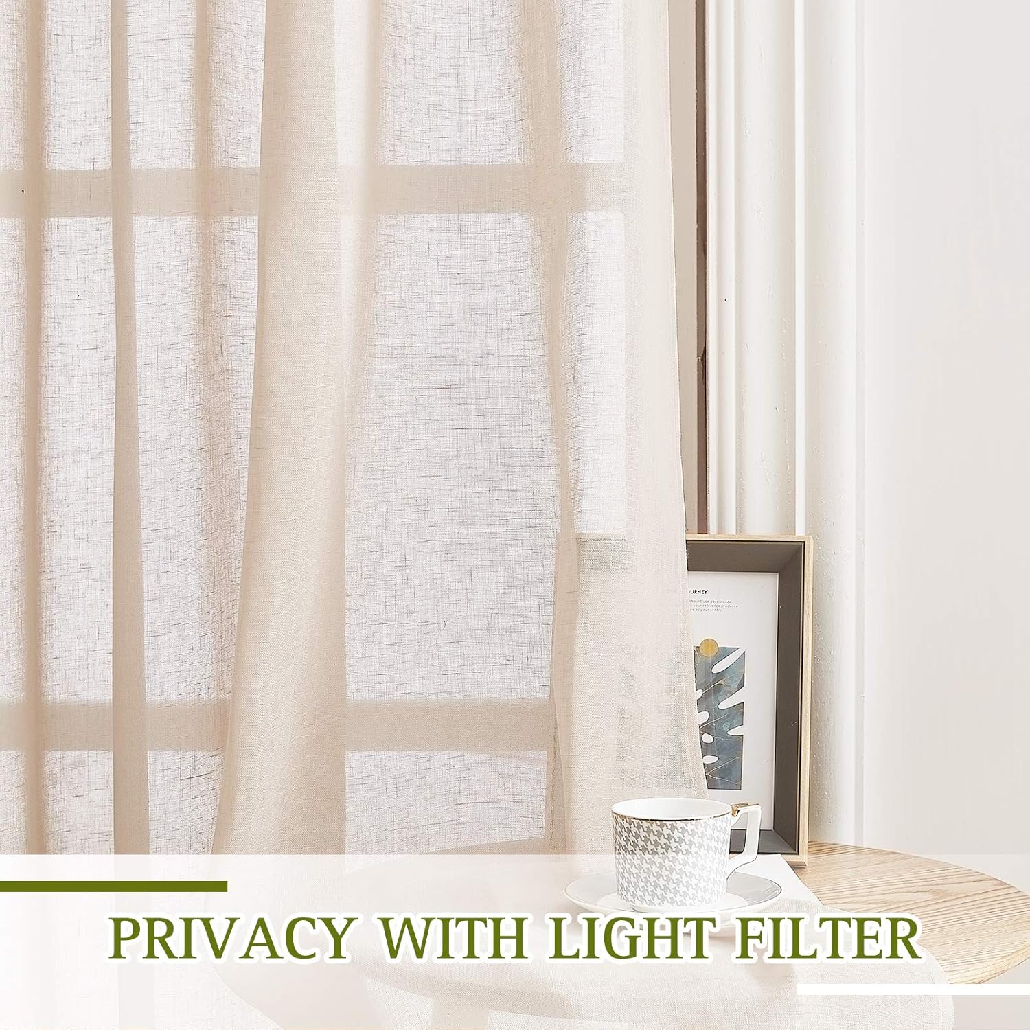 NICETOWN Semi Sheer Beige Curtains 84 inches Long, Grommet Retro Linen Curtains Window Treatments Vertical Drapes Privacy with Light Filter for Living Room, W52 x L84, 2 Panels
