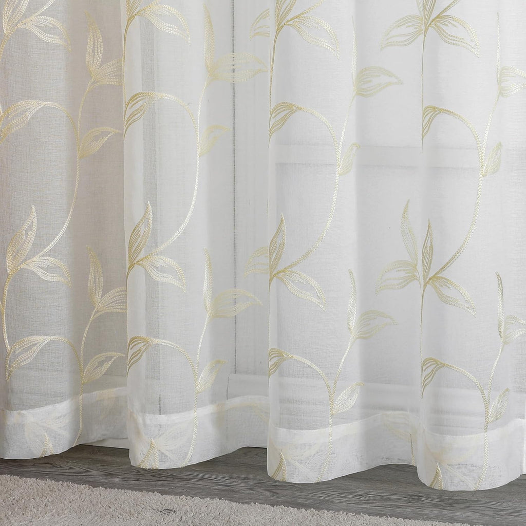 VISIONTEX Sheer Curtains 84 Inches Long 2 Panels Set Cream Beige Embroidered Floral Leaf Pattern Rod Pocket Semi Sheer Voile Window Curtains/Drapes for Bedroom Living Room 54 x 84 Inches