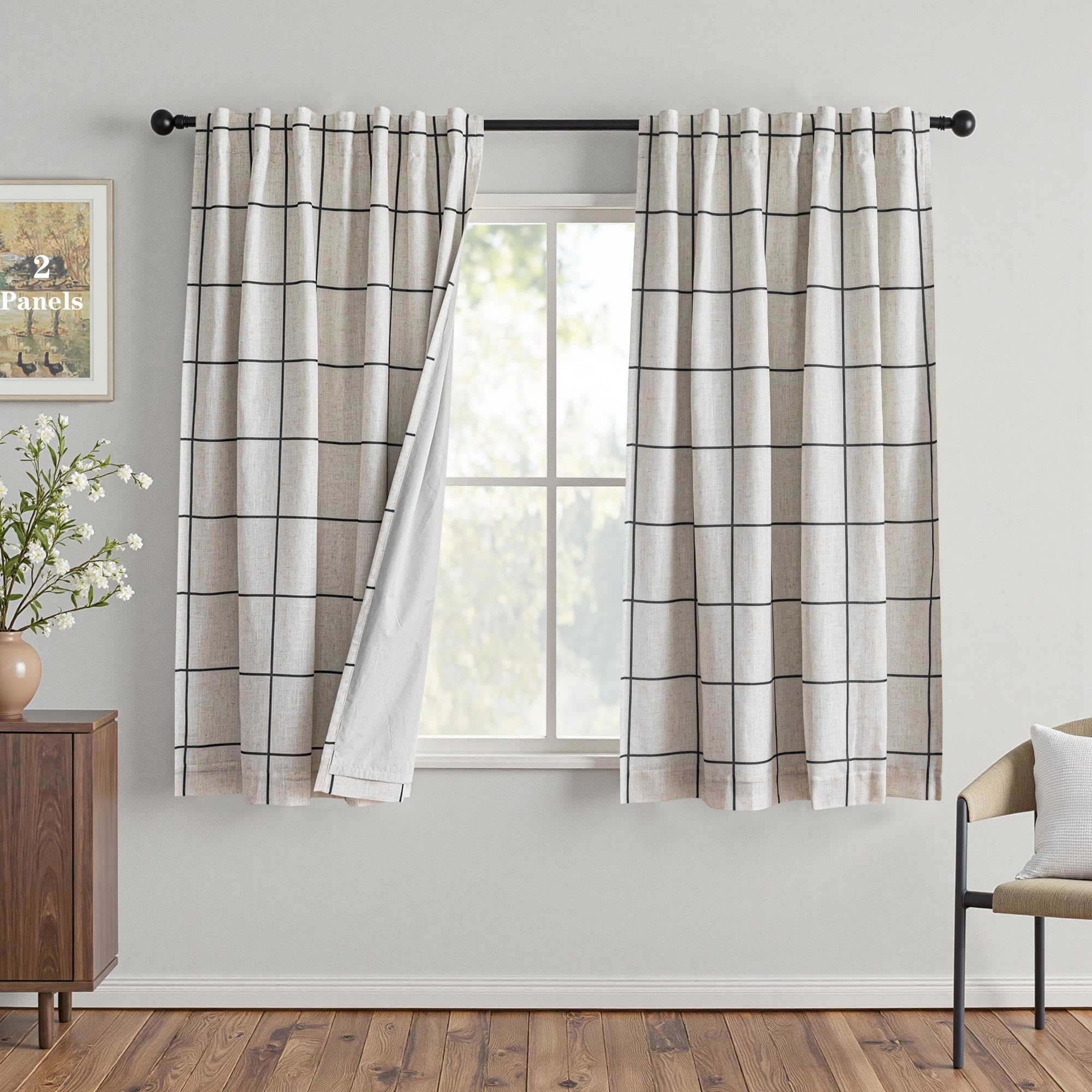 MYSKY HOME 100% Blackout Plaid Farmhouse Linen Curtains 84 Inch Long for Living Room Double Layer Windowpane Drapes Thermal Insulated Privacy Protection Rod Pocket Back Tab, 52" W, Black, 1 Panel