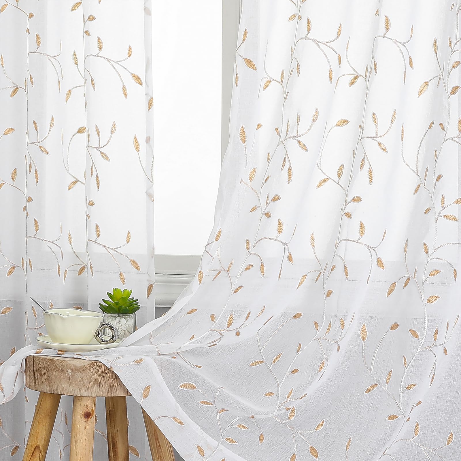 VISIONTEX Sheer Curtains 84 Inches Long 2 Panels Set Cream Beige Embroidered Floral Leaf Pattern Rod Pocket Semi Sheer Voile Window Curtains/Drapes for Bedroom Living Room 54 x 84 Inches
