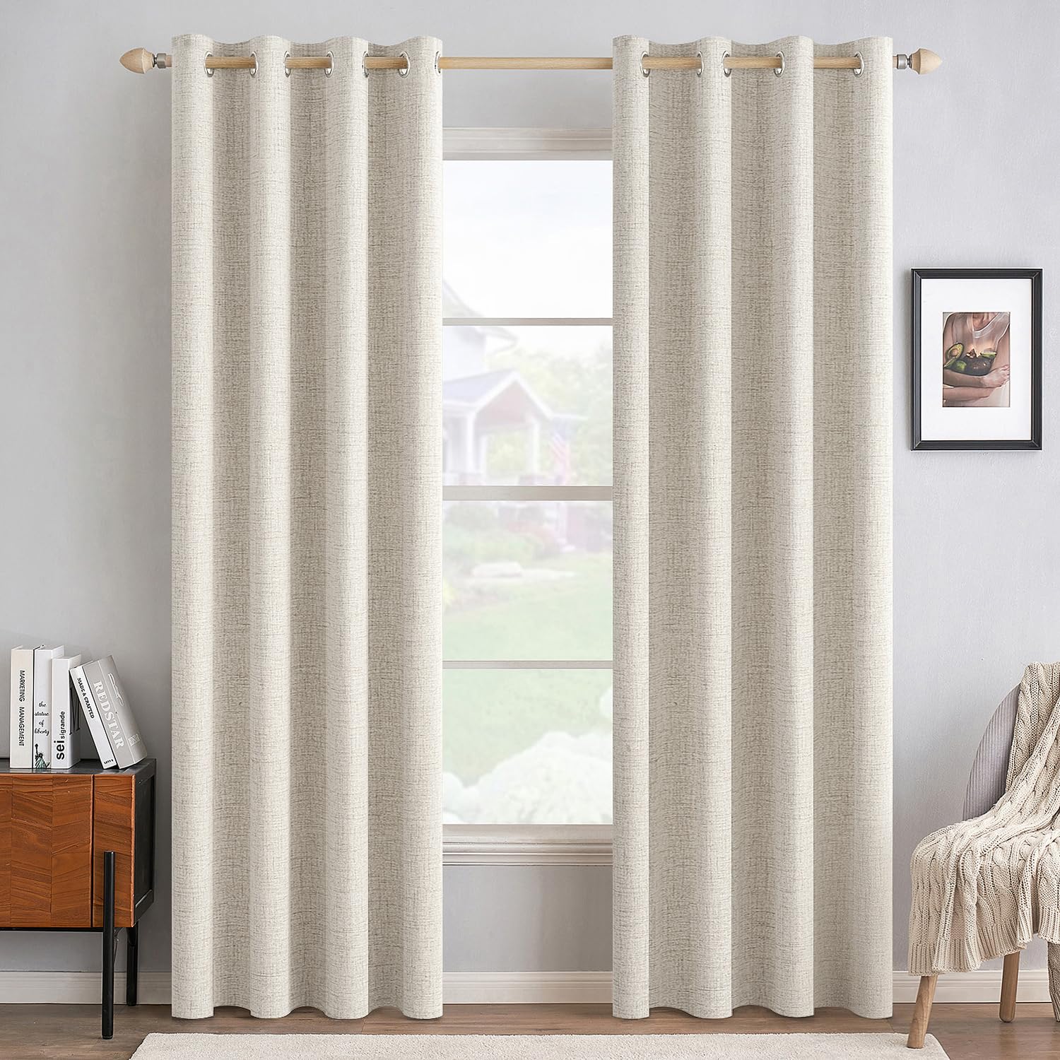 MIULEE 90 Inches Linen Textured Curtains for Bedroom 100% Blackout Thermal Insulated Natural Beige Grommet Room Darkening Curtains & Drapes Luxury Decor for Living Room Nursery 52 x 90 Inch (2 Panels)