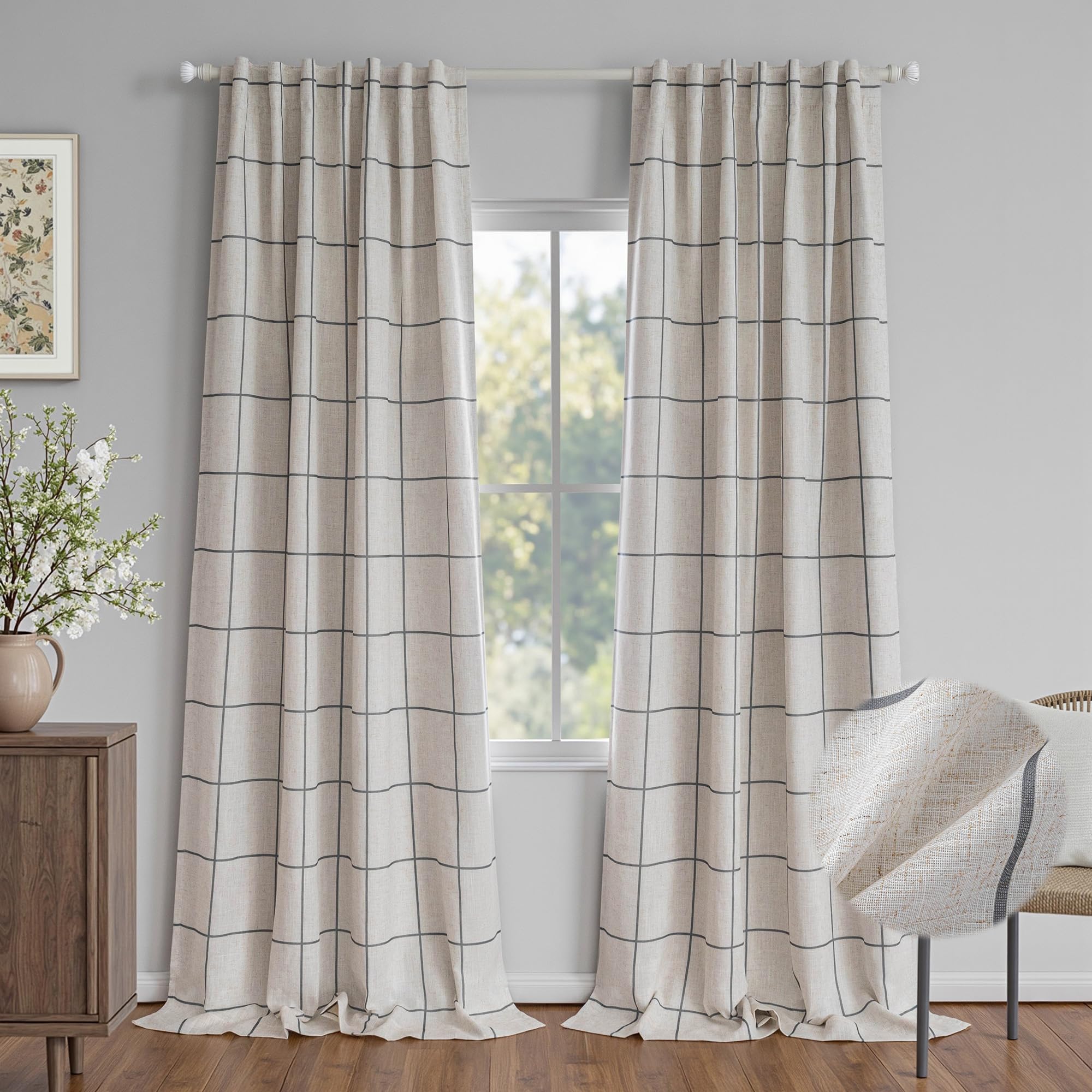 MYSKY HOME 100% Blackout Plaid Farmhouse Linen Curtains 84 Inch Long for Living Room Double Layer Windowpane Drapes Thermal Insulated Privacy Protection Rod Pocket Back Tab, 52" W, Black, 1 Panel