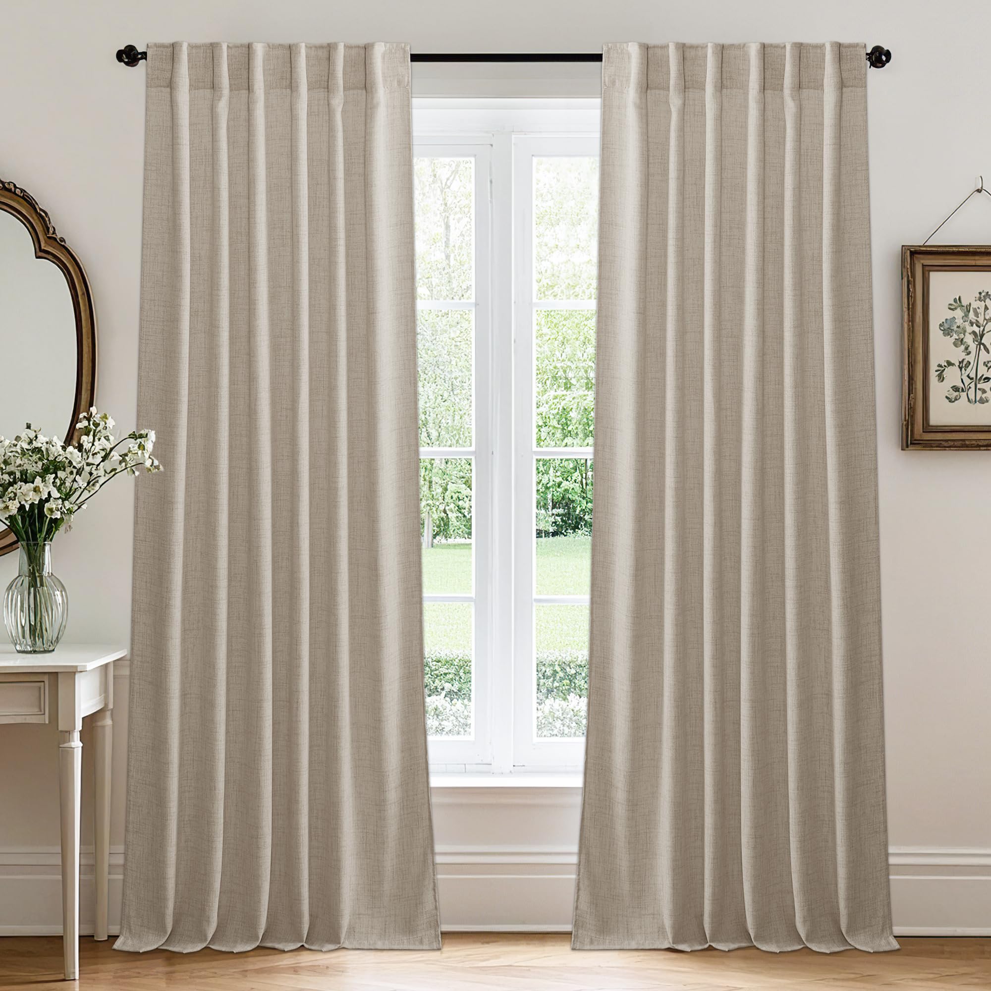 RYB HOME White Sheer Curtains Linen Texture Window Panels, Semi Sheer Light Filetring Rod Pocket & Back Tab Drapes for Bedroom, 52 x 84 inches, Pack of 2