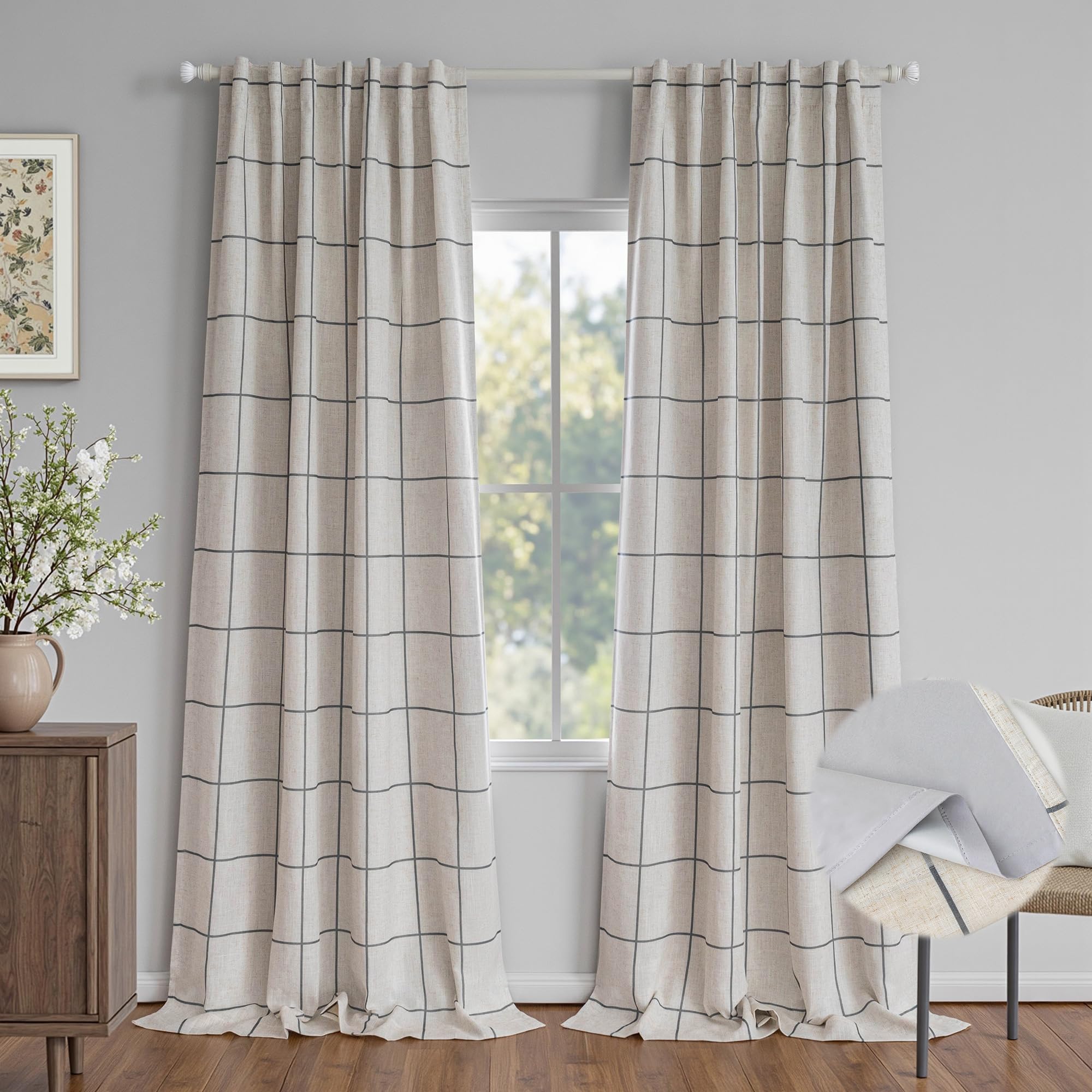 MYSKY HOME 100% Blackout Plaid Farmhouse Linen Curtains 84 Inch Long for Living Room Double Layer Windowpane Drapes Thermal Insulated Privacy Protection Rod Pocket Back Tab, 52" W, Black, 1 Panel