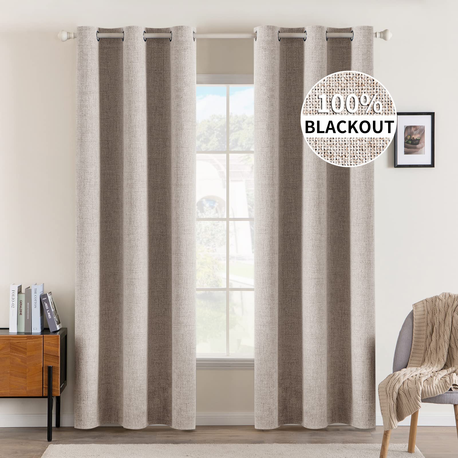 MIULEE 90 Inches Linen Textured Curtains for Bedroom 100% Blackout Thermal Insulated Natural Beige Grommet Room Darkening Curtains & Drapes Luxury Decor for Living Room Nursery 52 x 90 Inch (2 Panels)