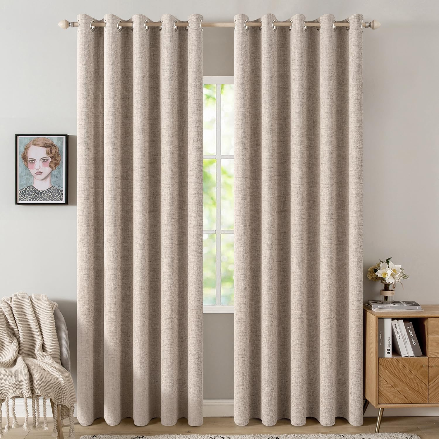 MIULEE 90 Inches Linen Textured Curtains for Bedroom 100% Blackout Thermal Insulated Natural Beige Grommet Room Darkening Curtains & Drapes Luxury Decor for Living Room Nursery 52 x 90 Inch (2 Panels)