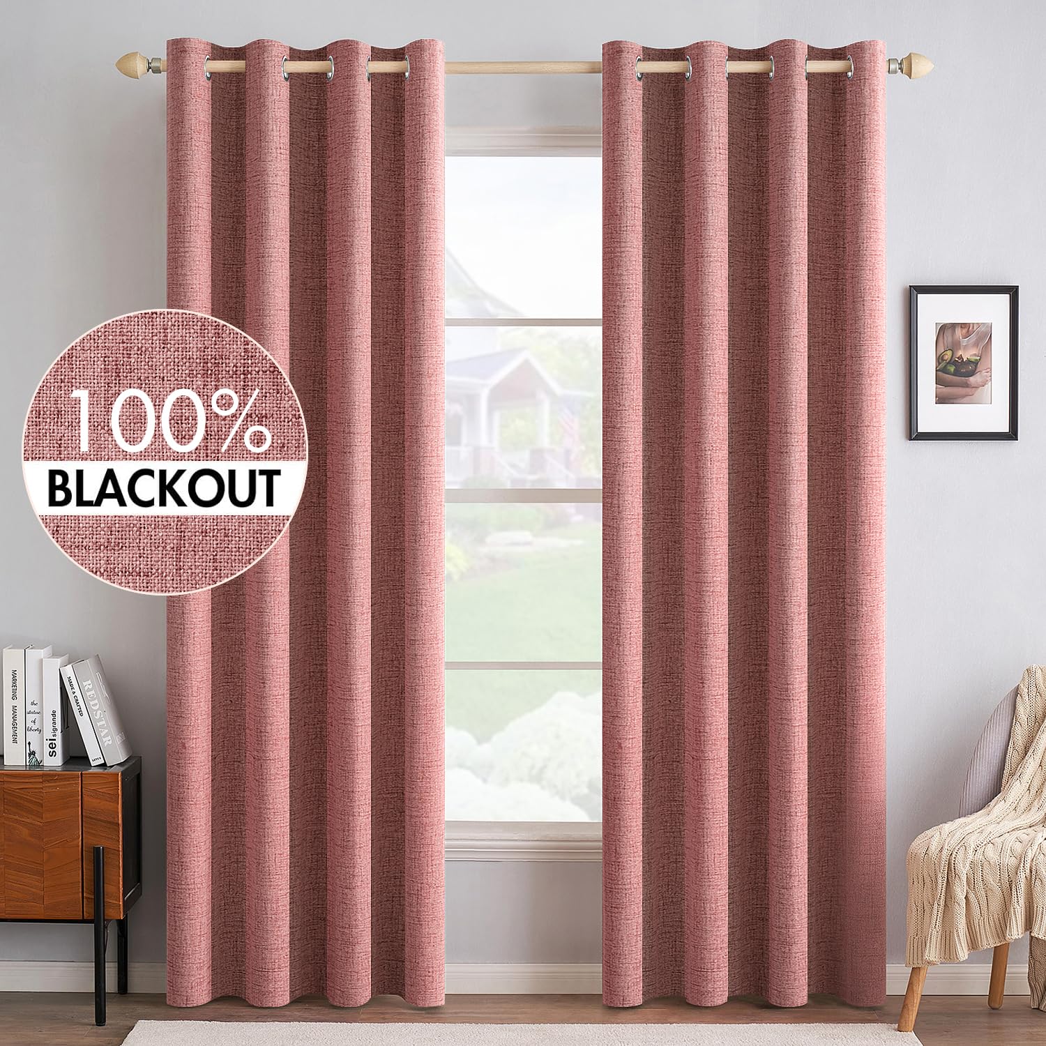 MIULEE 90 Inches Linen Textured Curtains for Bedroom 100% Blackout Thermal Insulated Natural Beige Grommet Room Darkening Curtains & Drapes Luxury Decor for Living Room Nursery 52 x 90 Inch (2 Panels)