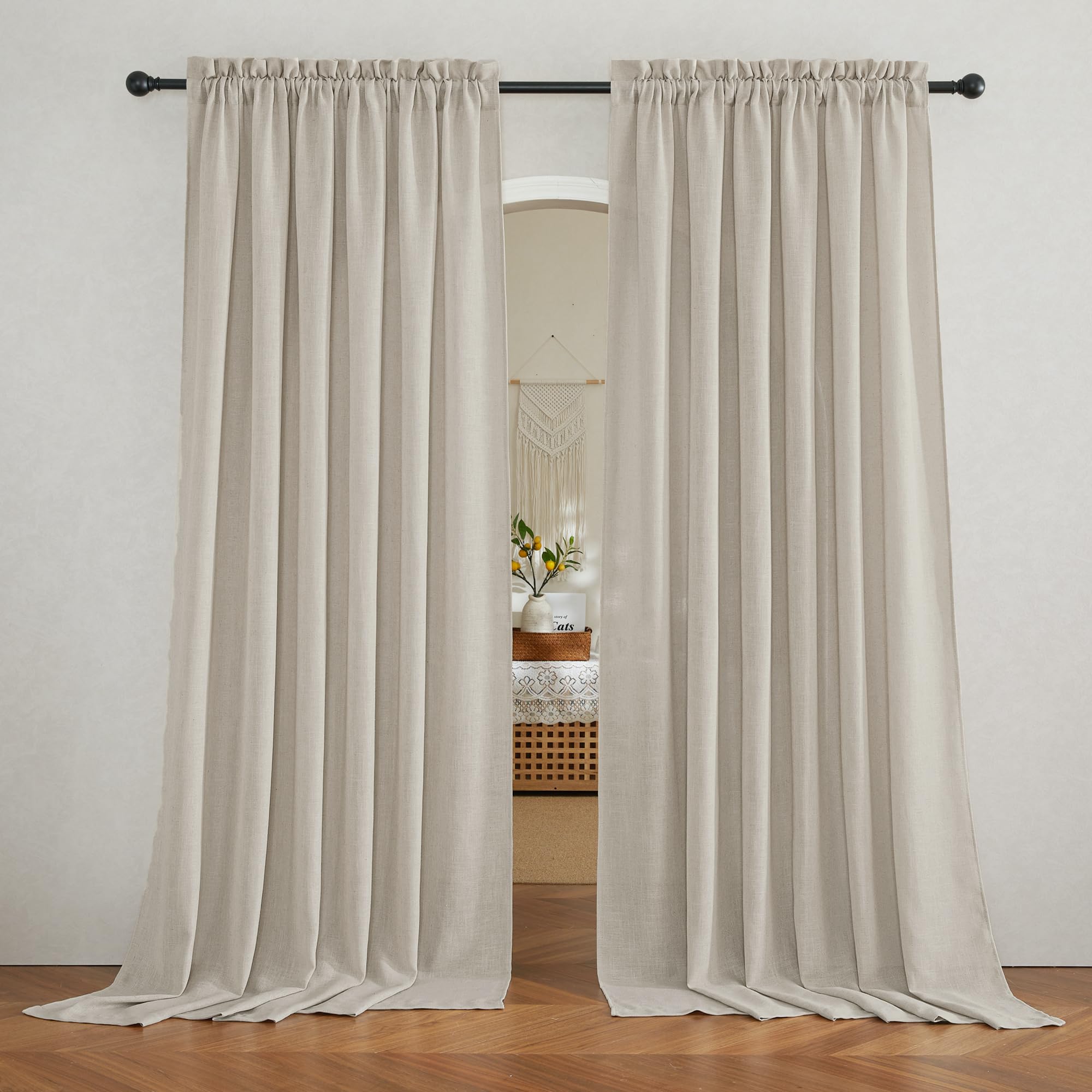 RYB HOME White Sheer Curtains Linen Texture Window Panels, Semi Sheer Light Filetring Rod Pocket & Back Tab Drapes for Bedroom, 52 x 84 inches, Pack of 2