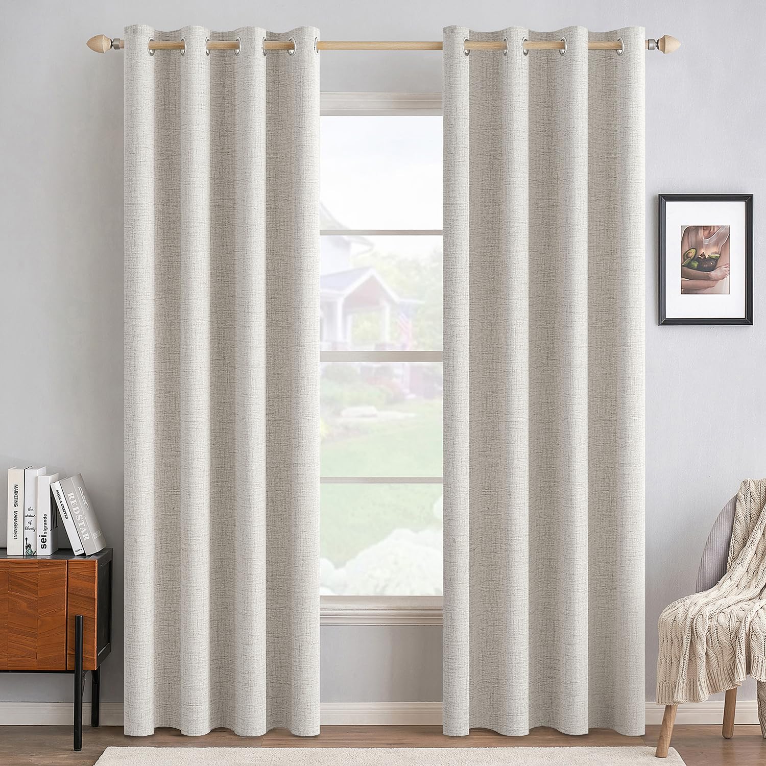 MIULEE 90 Inches Linen Textured Curtains for Bedroom 100% Blackout Thermal Insulated Natural Beige Grommet Room Darkening Curtains & Drapes Luxury Decor for Living Room Nursery 52 x 90 Inch (2 Panels)