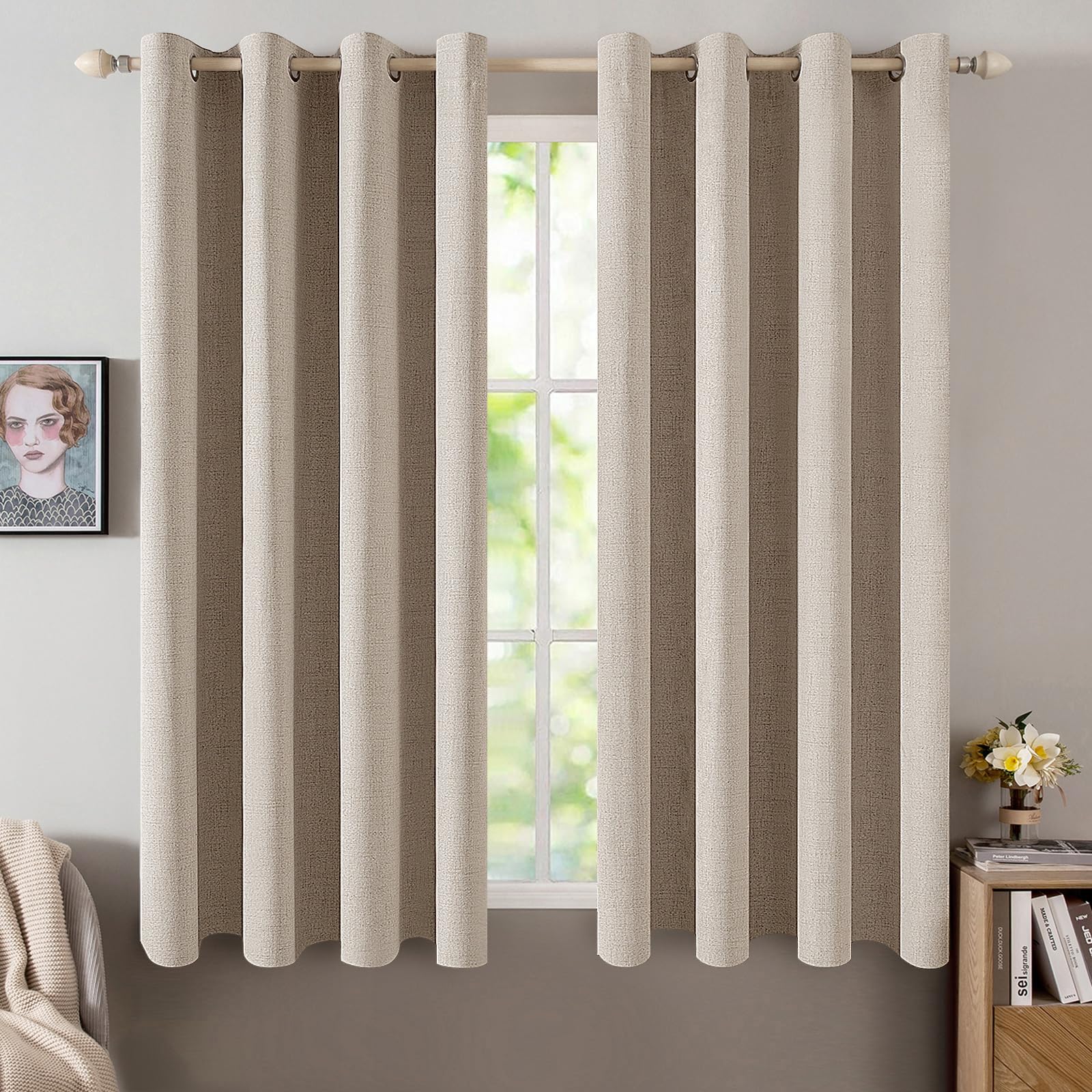 MIULEE 90 Inches Linen Textured Curtains for Bedroom 100% Blackout Thermal Insulated Natural Beige Grommet Room Darkening Curtains & Drapes Luxury Decor for Living Room Nursery 52 x 90 Inch (2 Panels)