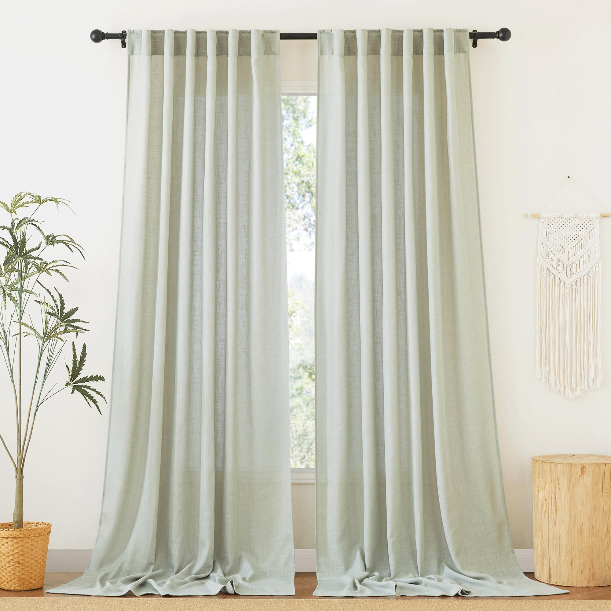 RYB HOME White Sheer Curtains Linen Texture Window Panels, Semi Sheer Light Filetring Rod Pocket & Back Tab Drapes for Bedroom, 52 x 84 inches, Pack of 2