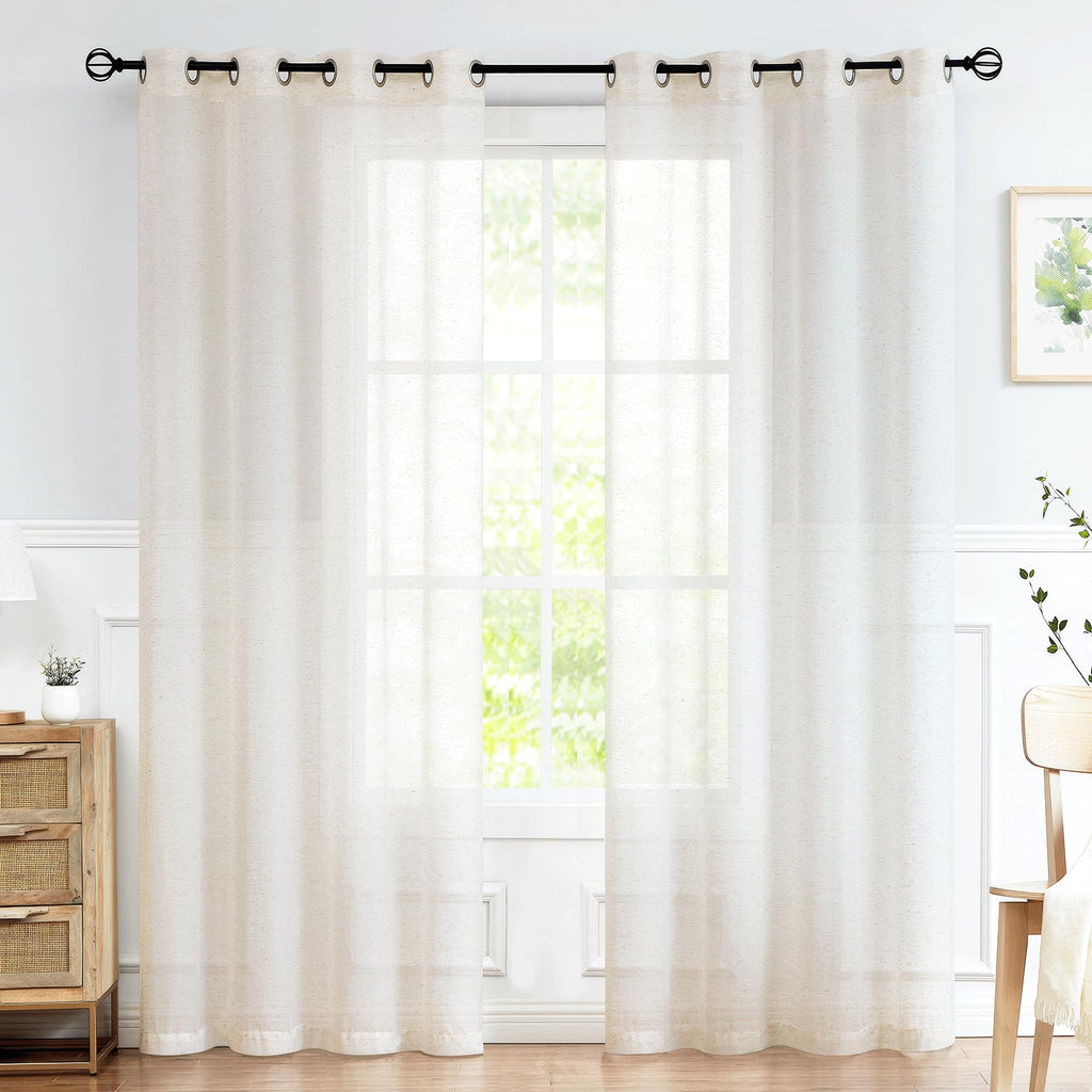 FMFUNCTEX Linen Sheer Curtains for Bedroom, Beige Curtains 84 inches Long for Living Room, Natural Flax Blend Window Draperies for Farmhouse Curtain, Rod Pocket 2 Panels