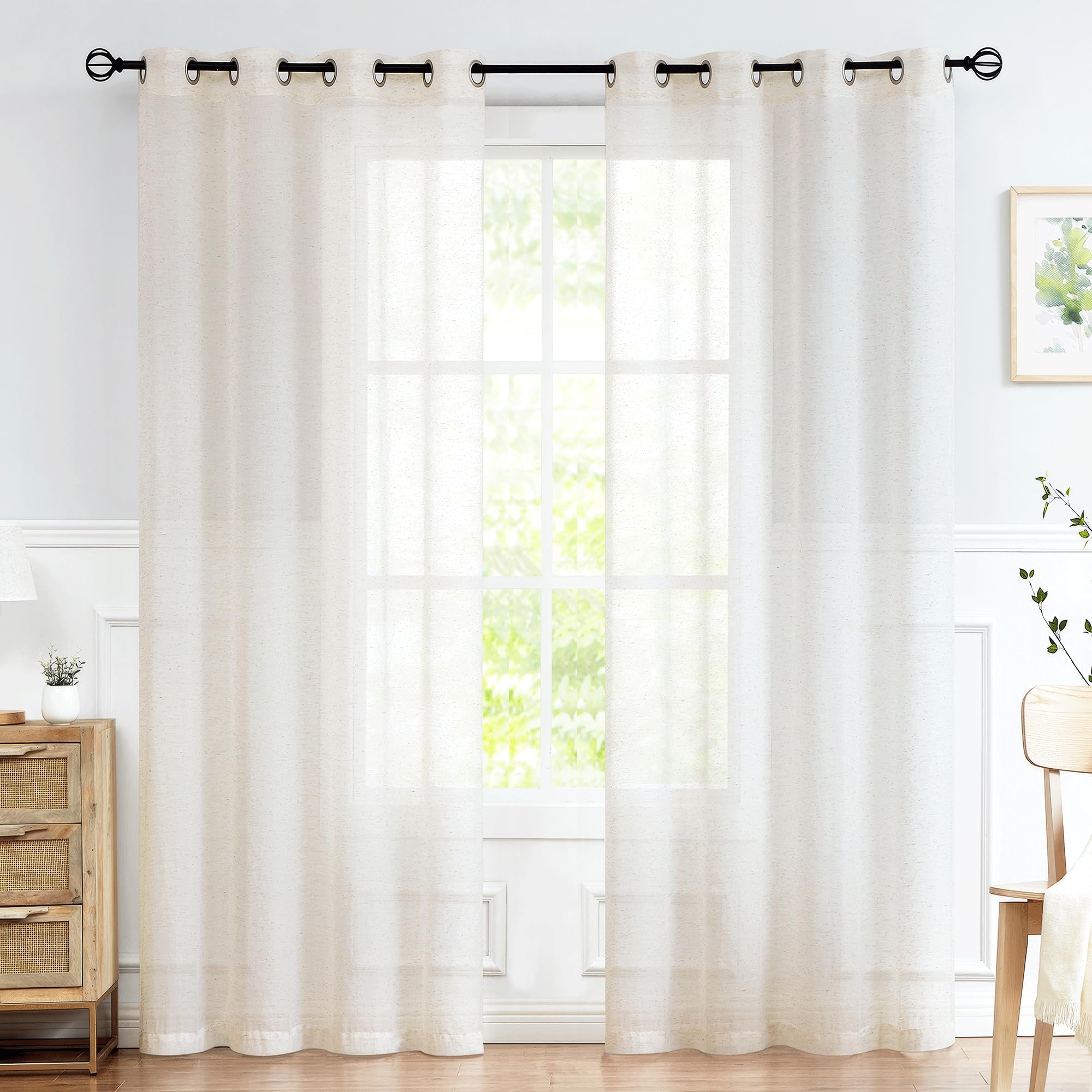FMFUNCTEX Linen Sheer Curtains for Bedroom, Beige Curtains 84 inches Long for Living Room, Natural Flax Blend Window Draperies for Farmhouse Curtain, Rod Pocket 2 Panels