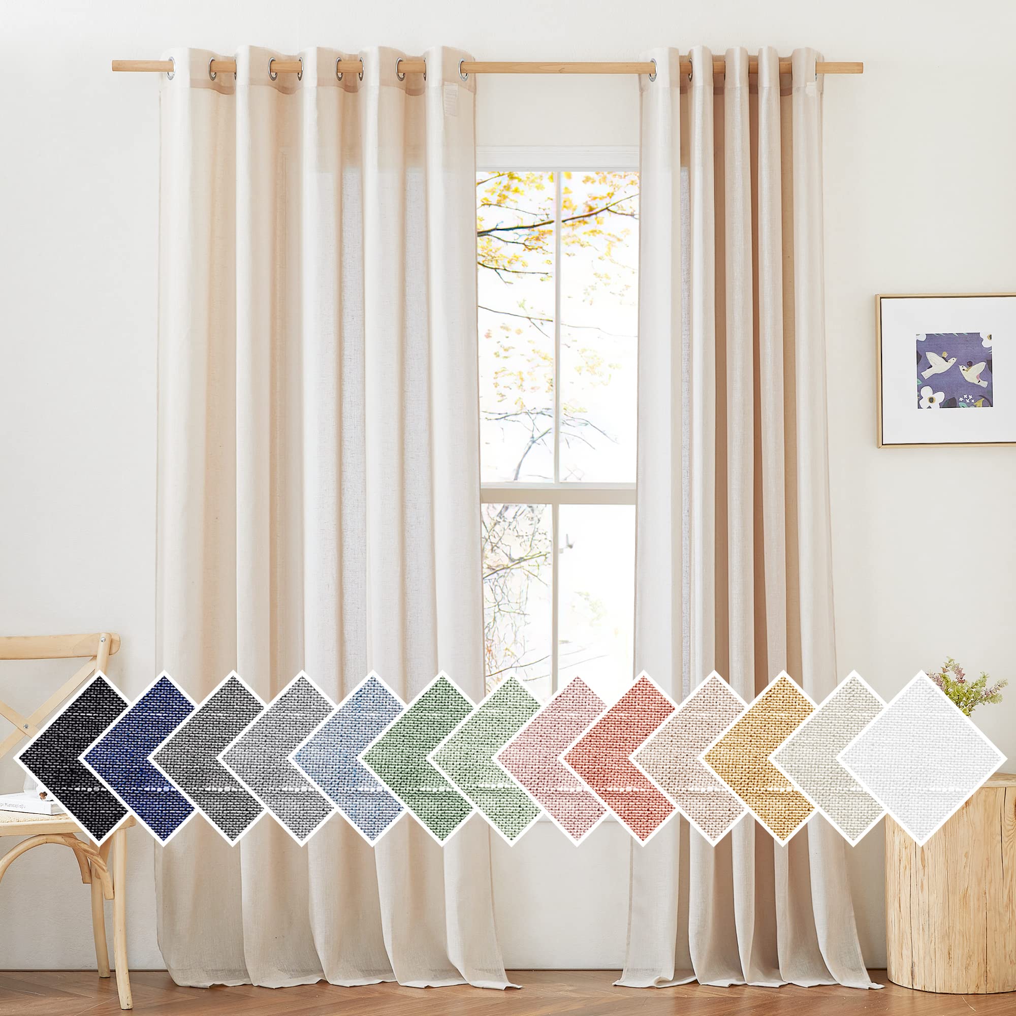 NICETOWN Semi Sheer Beige Curtains 84 inches Long, Grommet Retro Linen Curtains Window Treatments Vertical Drapes Privacy with Light Filter for Living Room, W52 x L84, 2 Panels