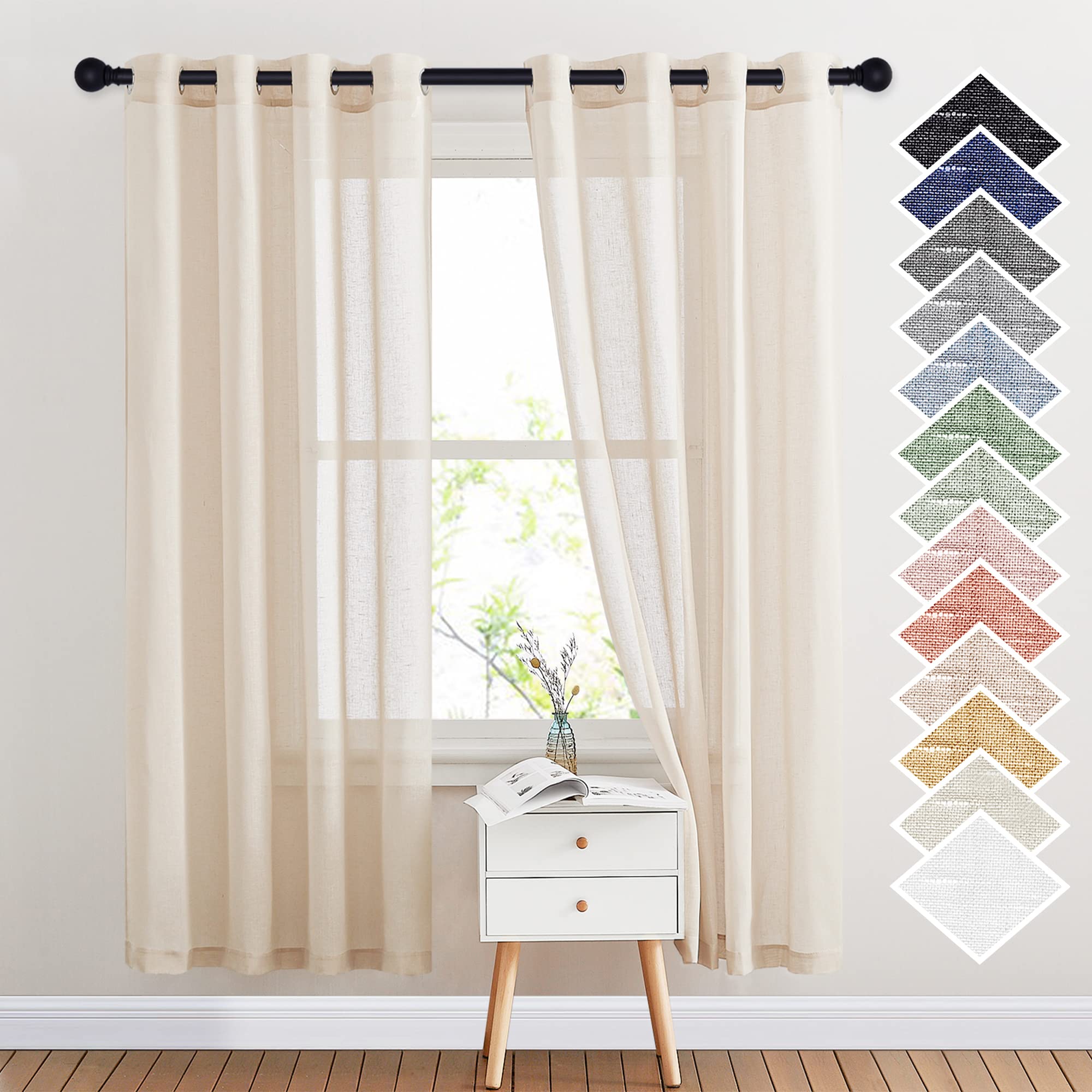 NICETOWN Semi Sheer Beige Curtains 84 inches Long, Grommet Retro Linen Curtains Window Treatments Vertical Drapes Privacy with Light Filter for Living Room, W52 x L84, 2 Panels